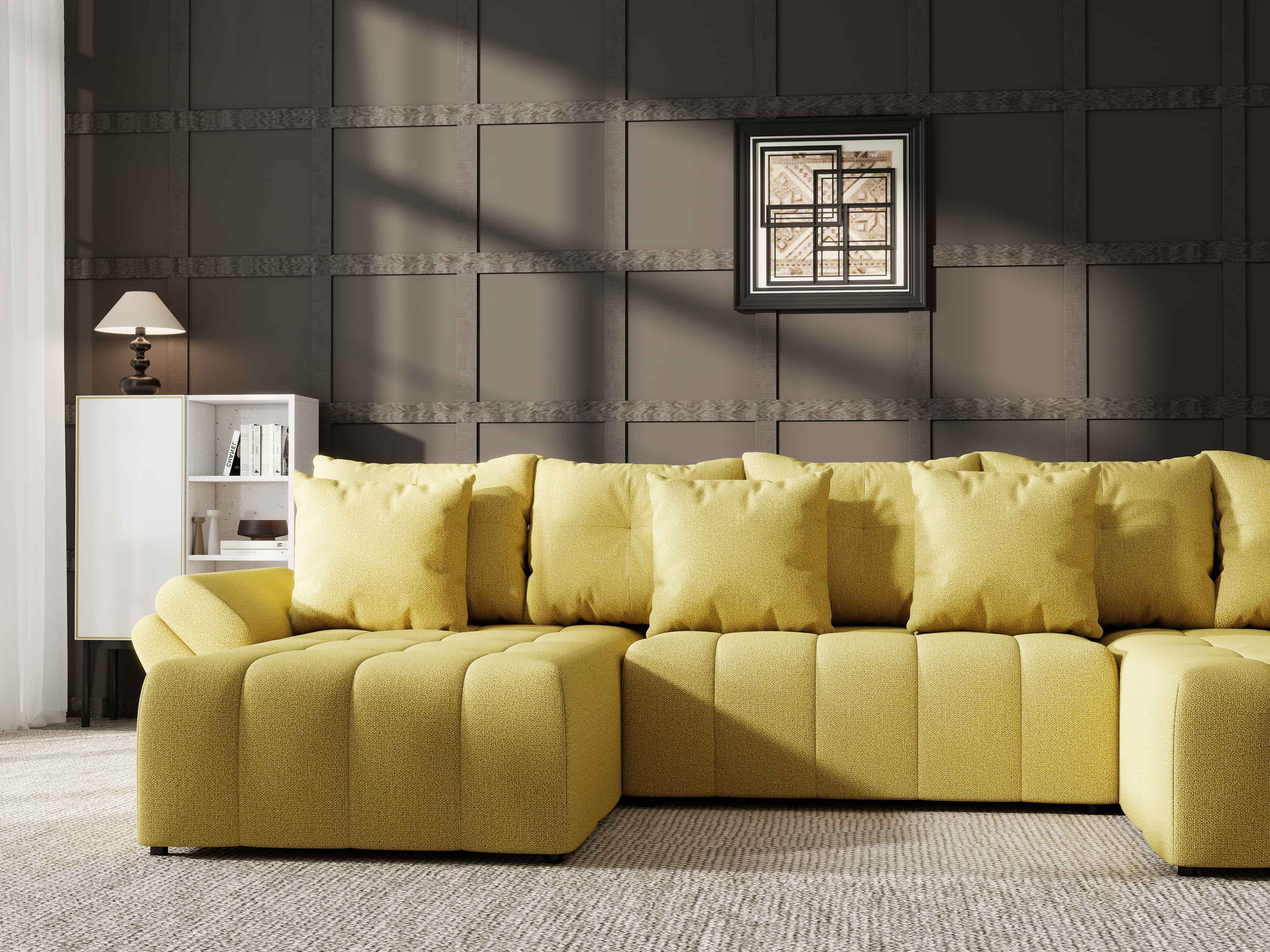 Colțar extensibil dumonde cu ladă de depozitare si sezut confortabil din spuma HR, Berlin U Enjoy Melon 380x180 cm Fabrica