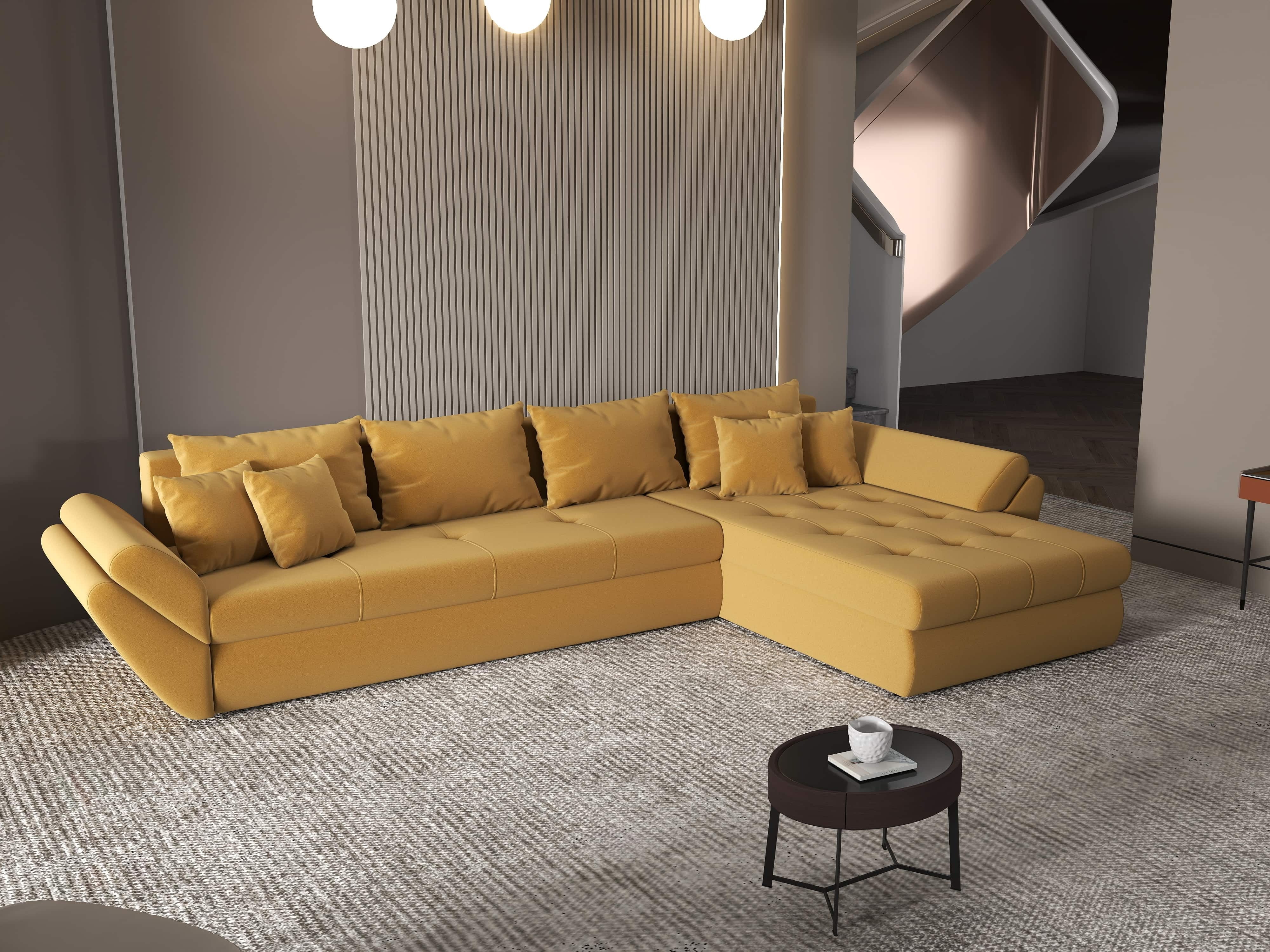 Colțar extensibil dumonde cu ladă de depozitare si sezut confortabil din spuma HR, Loana XL Royal Mustar II 335x185 cm Fabrica