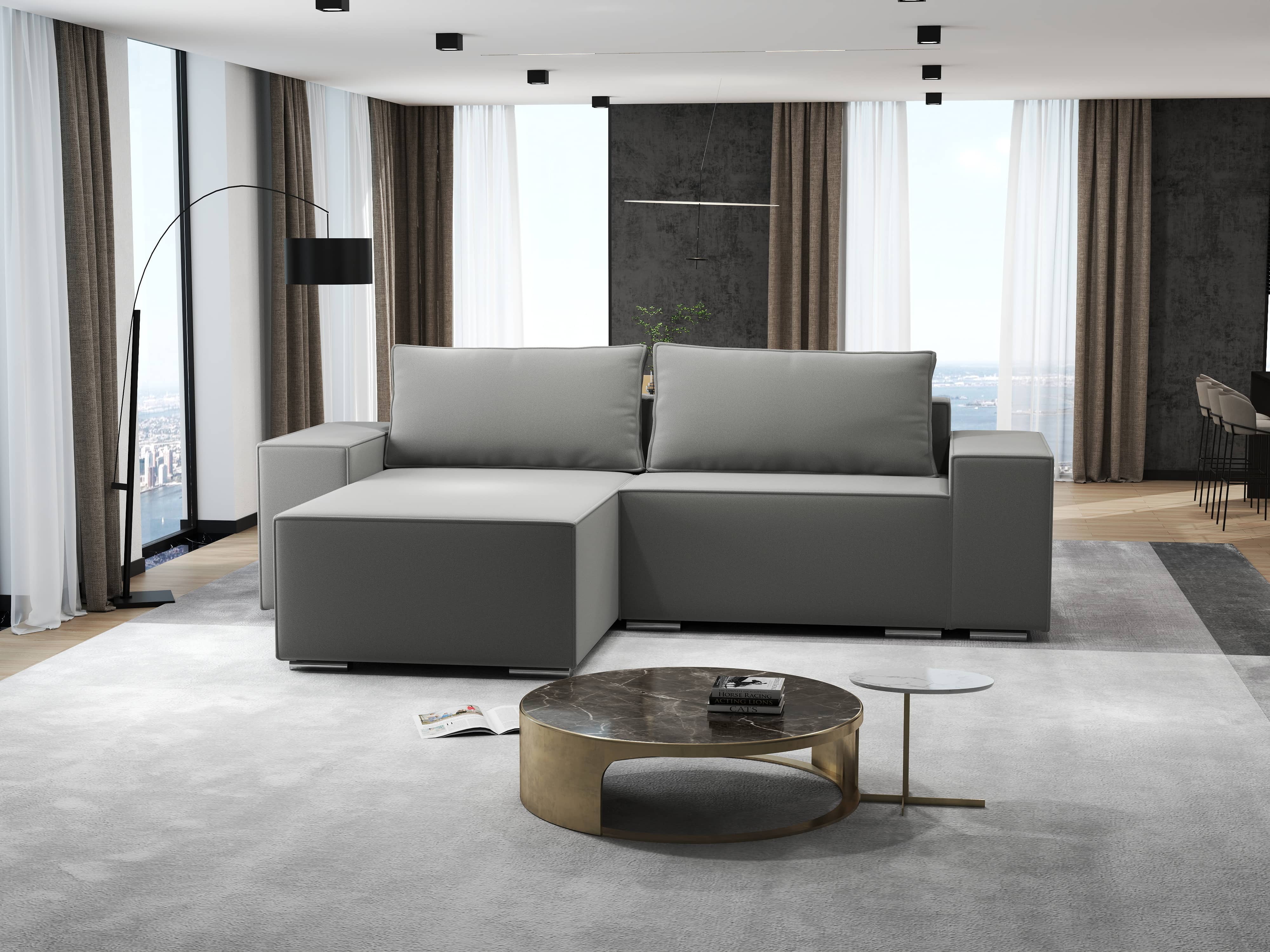 Colțar extensibil dumonde cu ladă de depozitare si sezut confortabil din spuma HR, Dream Royal Gri 290x185 cm Fabrica