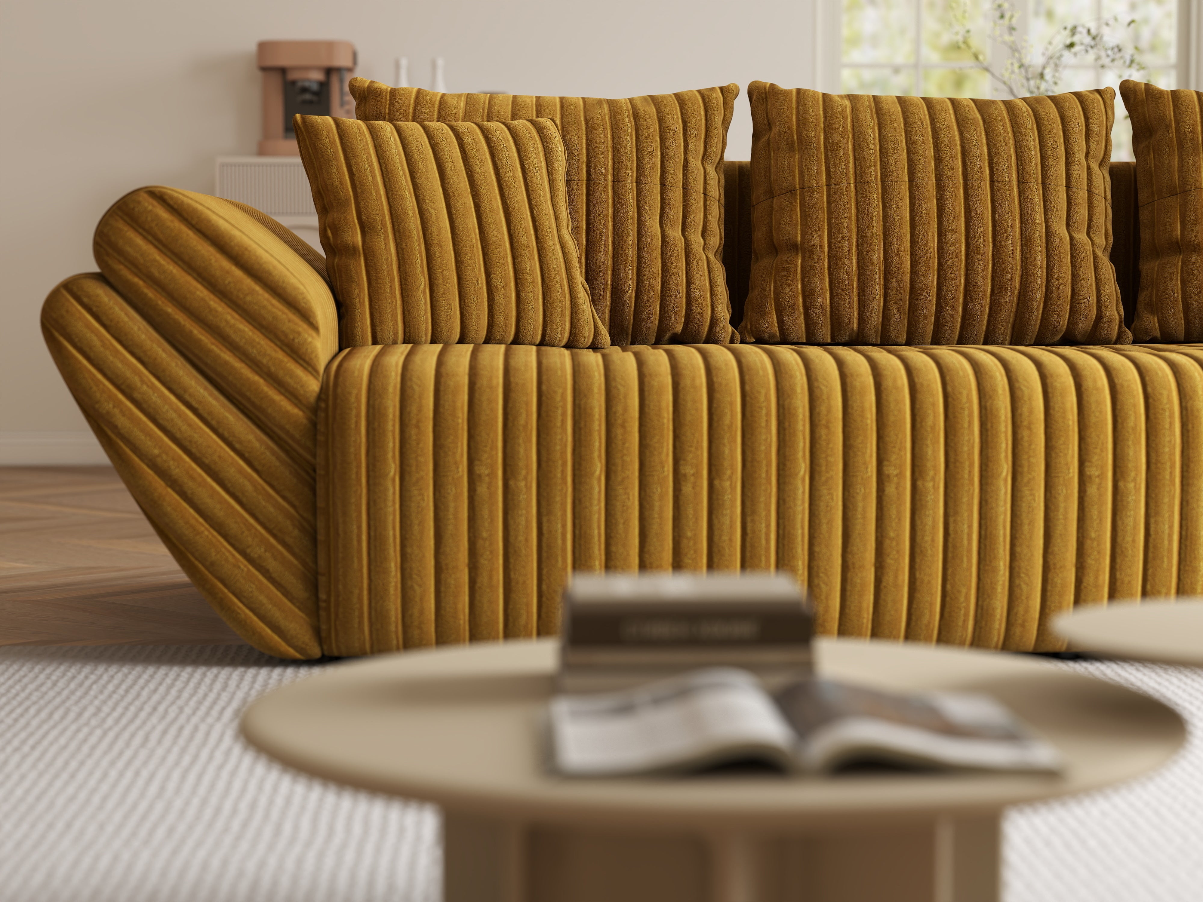 Canapea extensibilă dumonde cu ladă de depozitare si sezut confortabil din spuma HR, Berlin Ambience Mustar 250x100 cm Fabrica