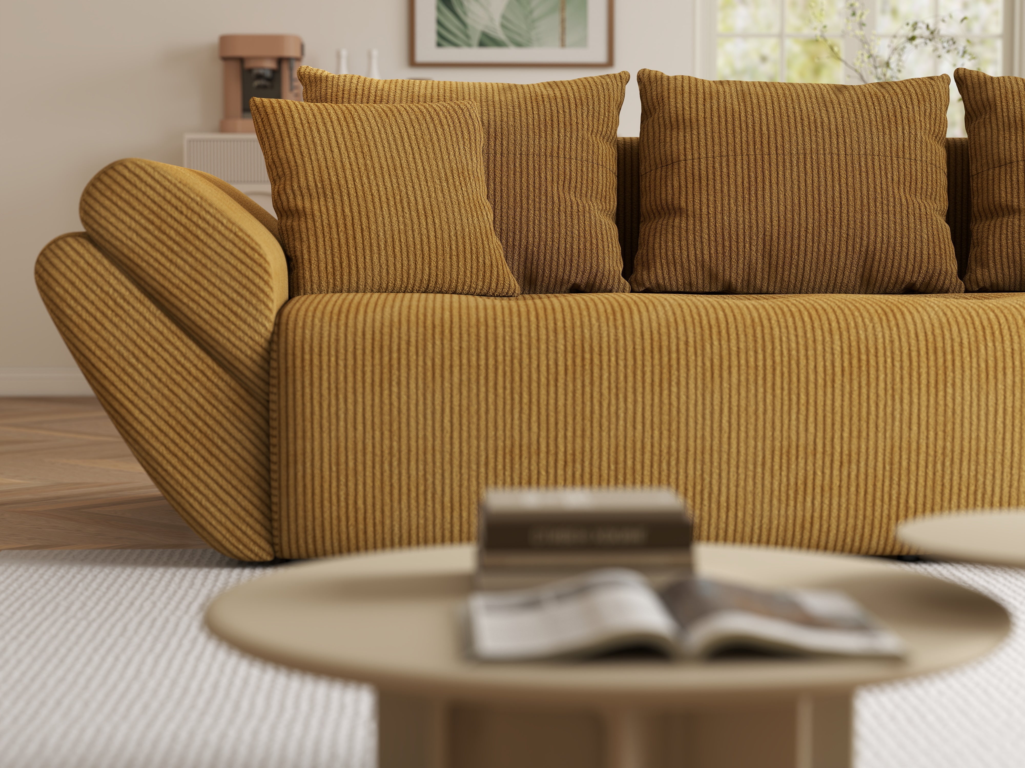 Canapea extensibilă dumonde cu ladă de depozitare si sezut confortabil din spuma HR, Berlin Zoom Mustar 250x100 cm Fabrica