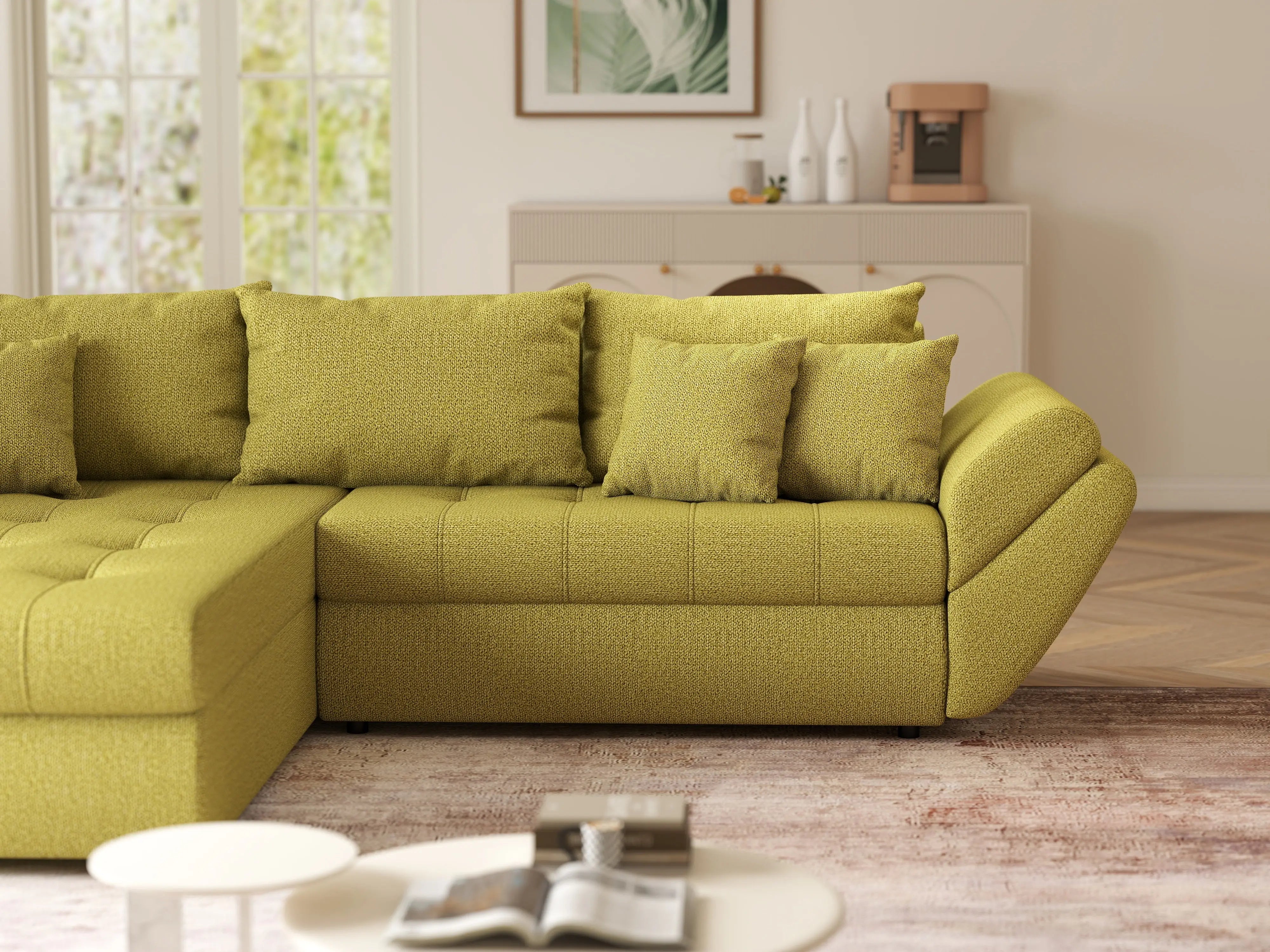 Colțar extensibil dumonde cu ladă de depozitare si sezut confortabil din spuma HR, Loana Green Lux 270x185 cm Fabrica