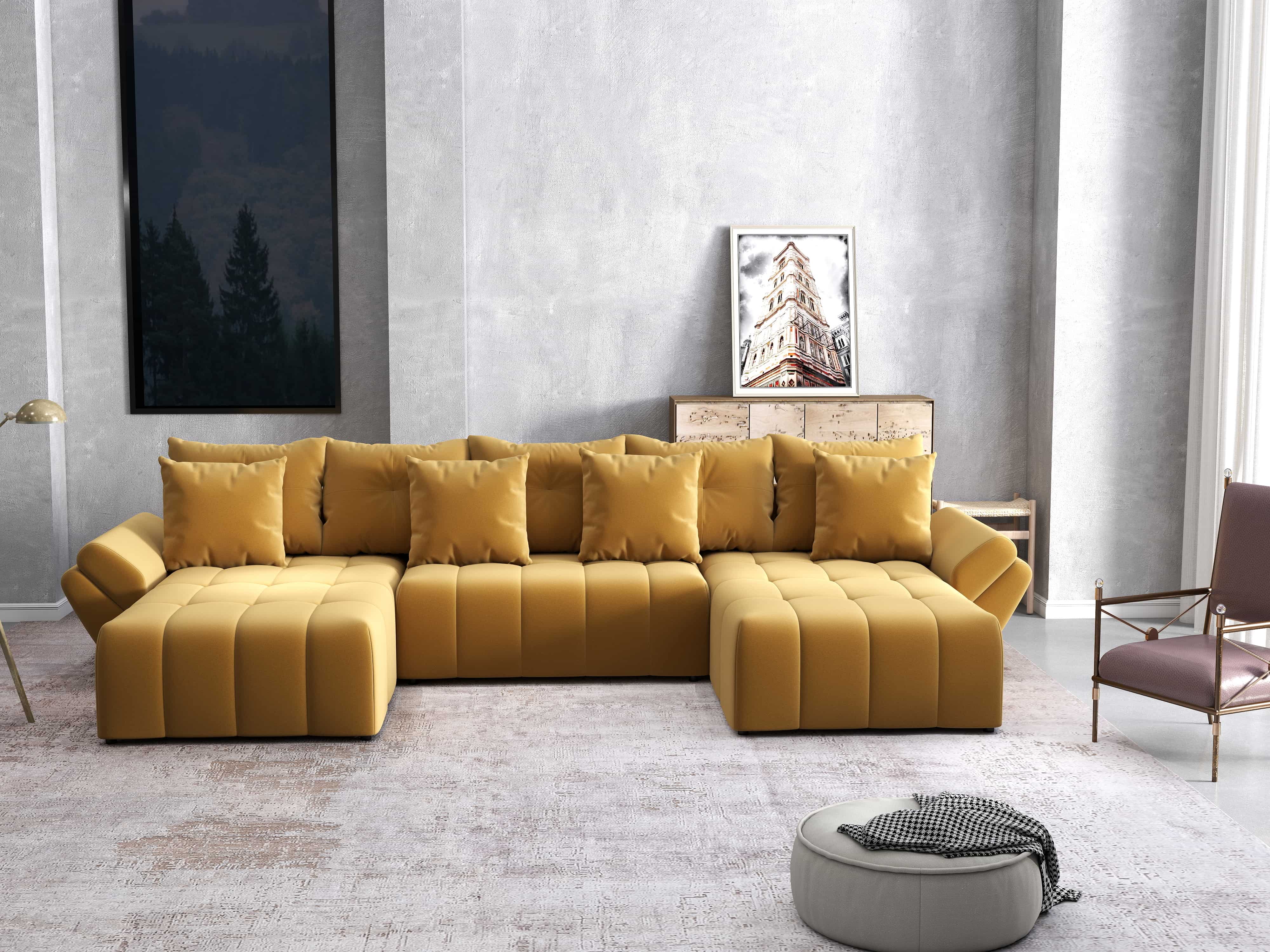 Colțar extensibil dumonde cu ladă de depozitare si sezut confortabil din spuma HR, Berlin U Royal Mustar 380x180 cm Fabrica