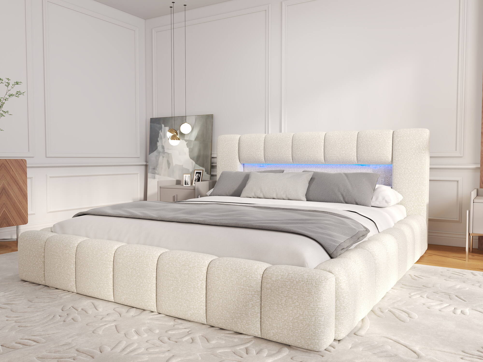 Pat dormitor dumonde, tapitat bej, Palermo 180x200 cm, somiera rabatabila inclusa, spatiu depozitare