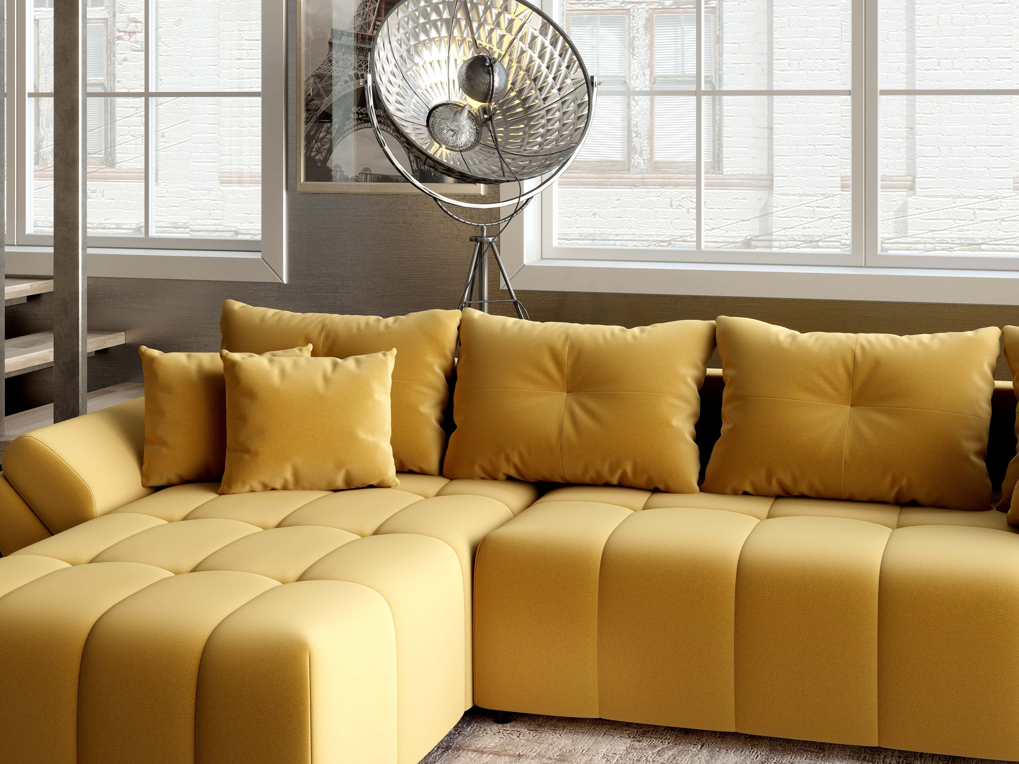 Colțar extensibil dumonde cu ladă de depozitare si sezut confortabil din spuma HR, Berlin XL Royal Mustar 350x185 cm Fabrica