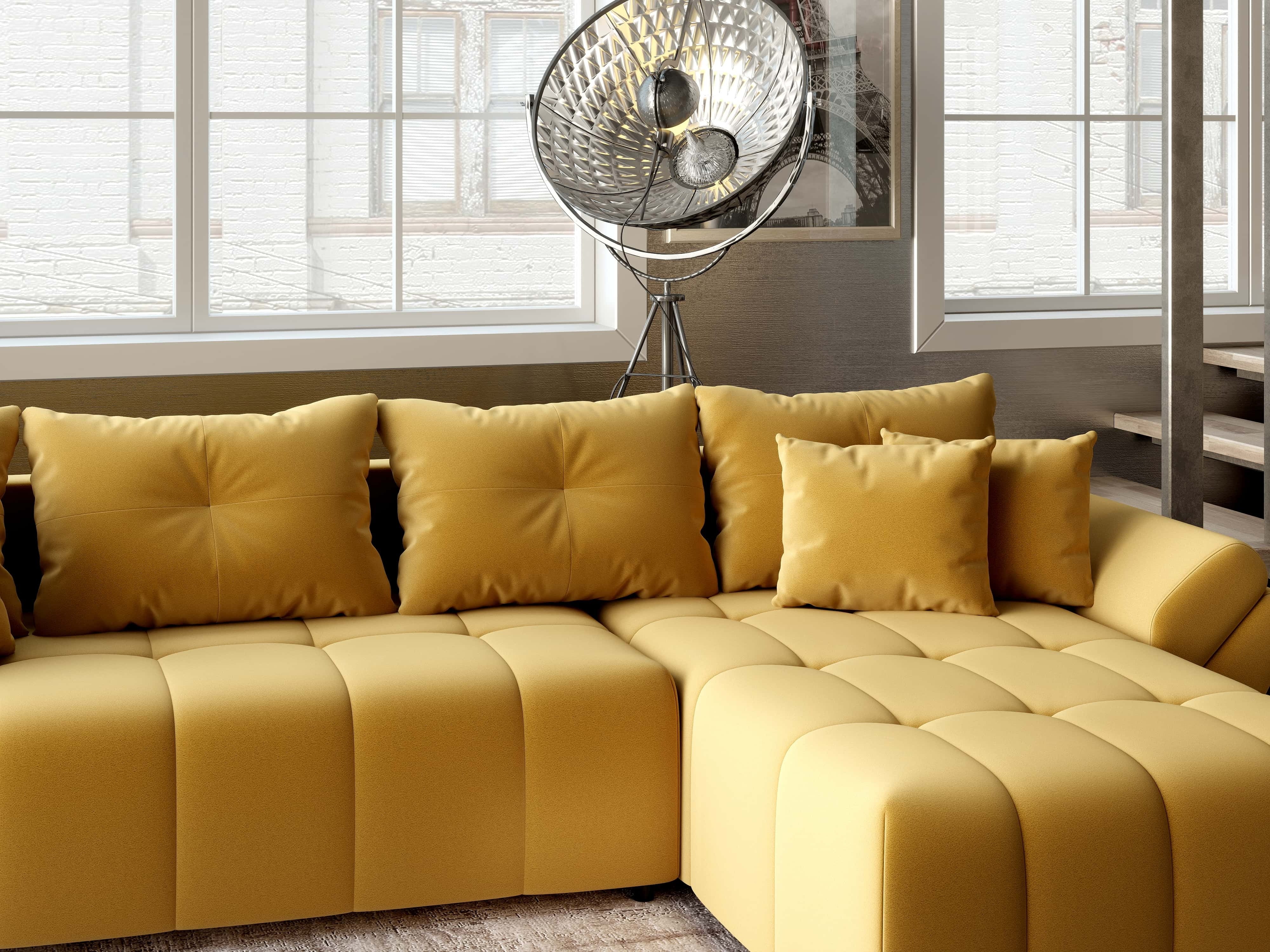 Colțar extensibil dumonde cu ladă de depozitare si sezut confortabil din spuma HR, Berlin XL Royal Mustar 350x185 cm II Fabrica