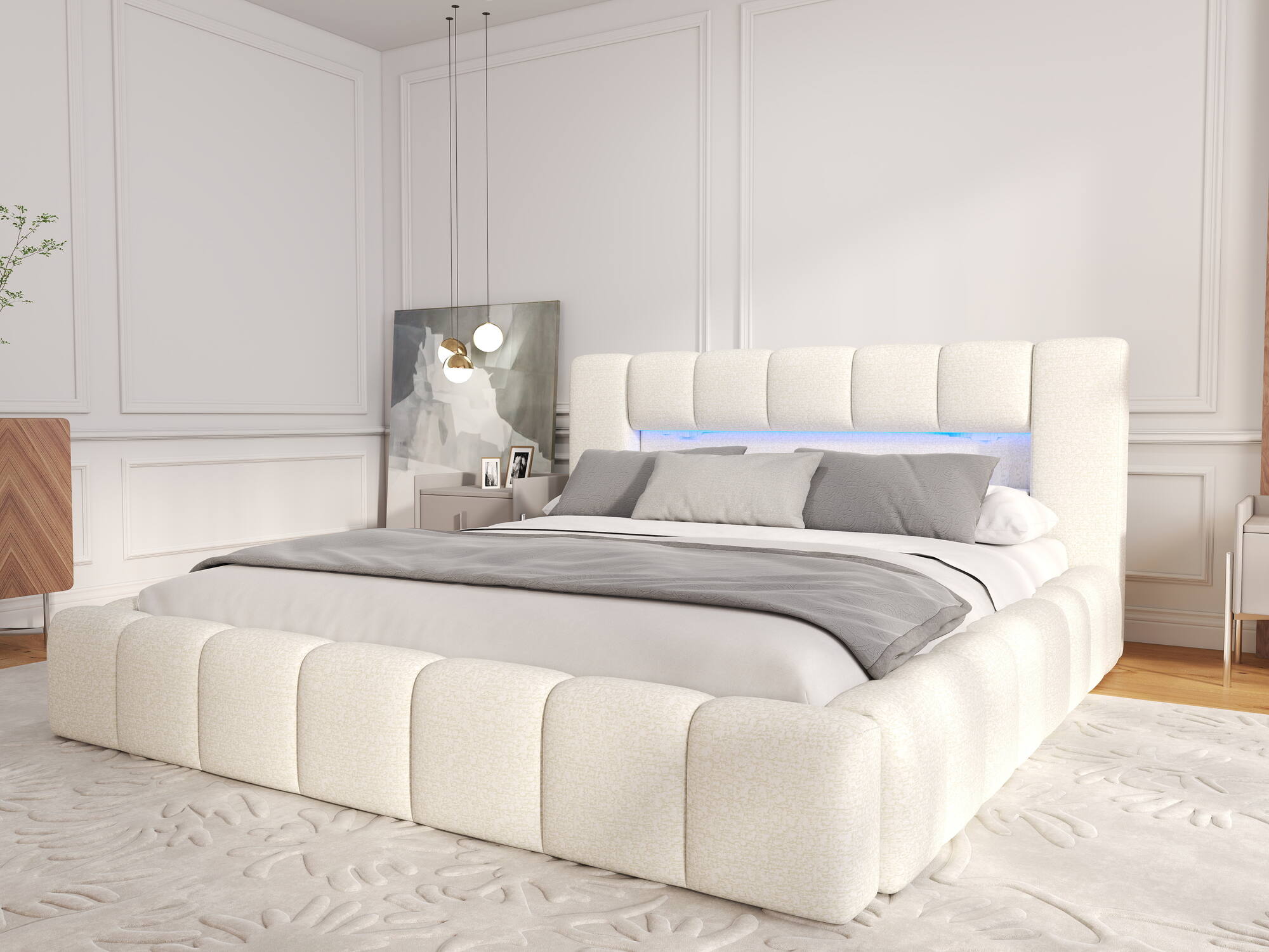 Pat dormitor dumonde, tapitat bej, Palermo 180x200 cm, somiera rabatabila inclusa, spatiu depozitare