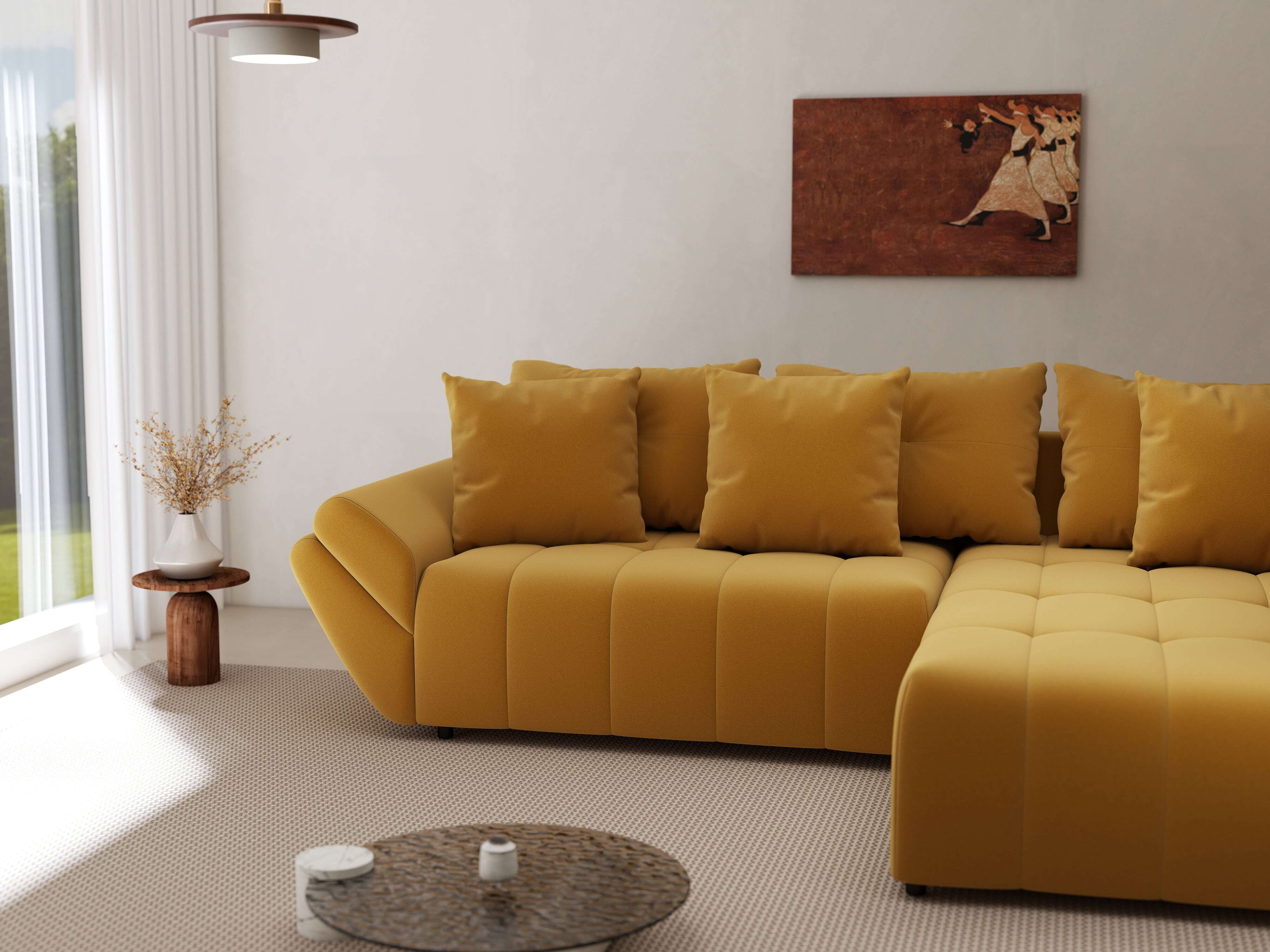 Colțar extensibil dumonde cu ladă de depozitare si sezut confortabil din spuma HR, Berlin Royal Mustar 280x185 cm II Fabrica