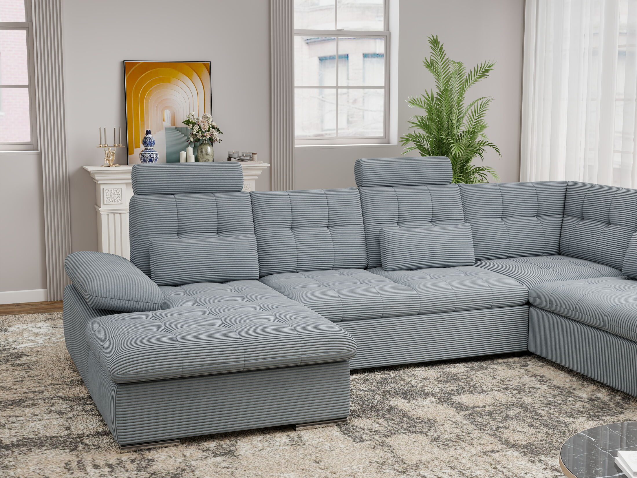 Colțar extensibil dumonde cu ladă de depozitare și șezut confortabil din spumă HR, Merkur U Zoom Gri Mint 324x218 cm