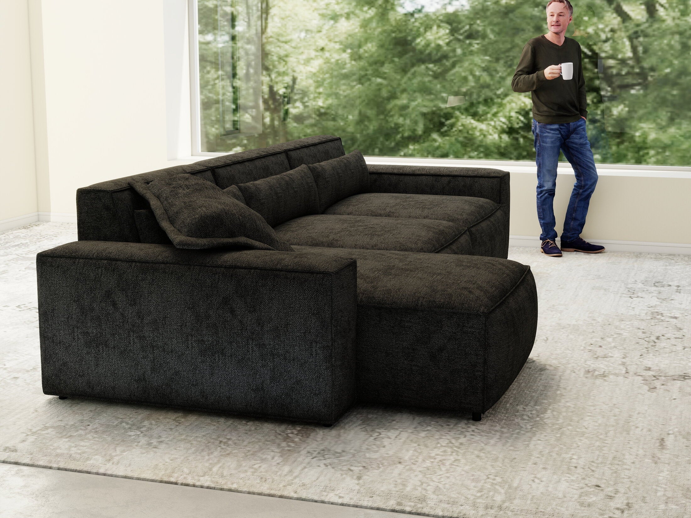 Colțar dumonde cu sezut confortabil din spuma HR, Marvelo XL Enjoy Black 366x175 cm