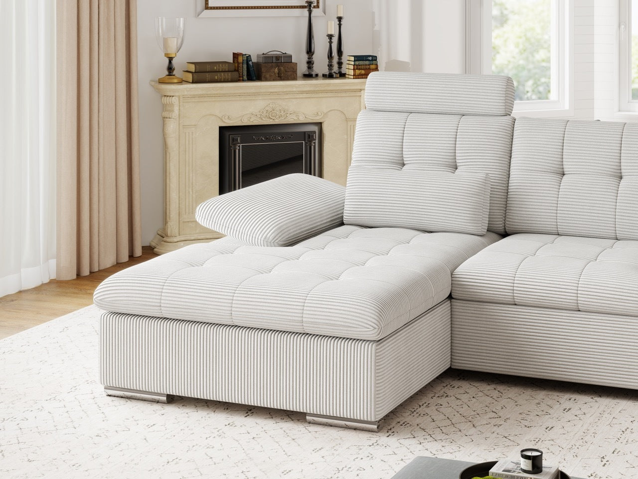 Colțar extensibil dumonde cu ladă de depozitare și șezut confortabil din spumă HR, Merkur Zoom Gri 270x168 cm