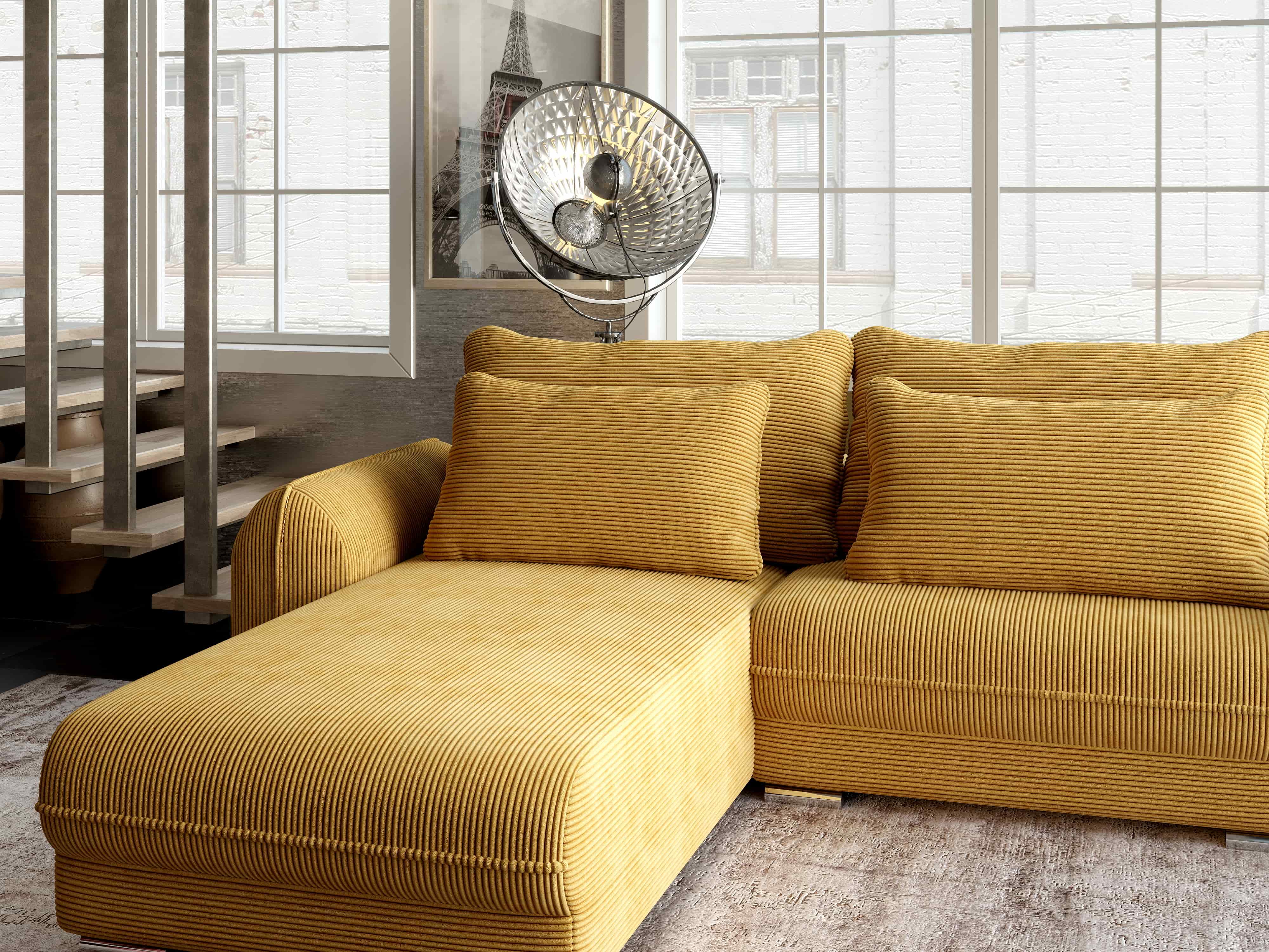 Colțar extensibil dumonde cu ladă de depozitare si sezut confortabil din spuma HR, Denver Zoom Mustar 275x185 cm Fabrica