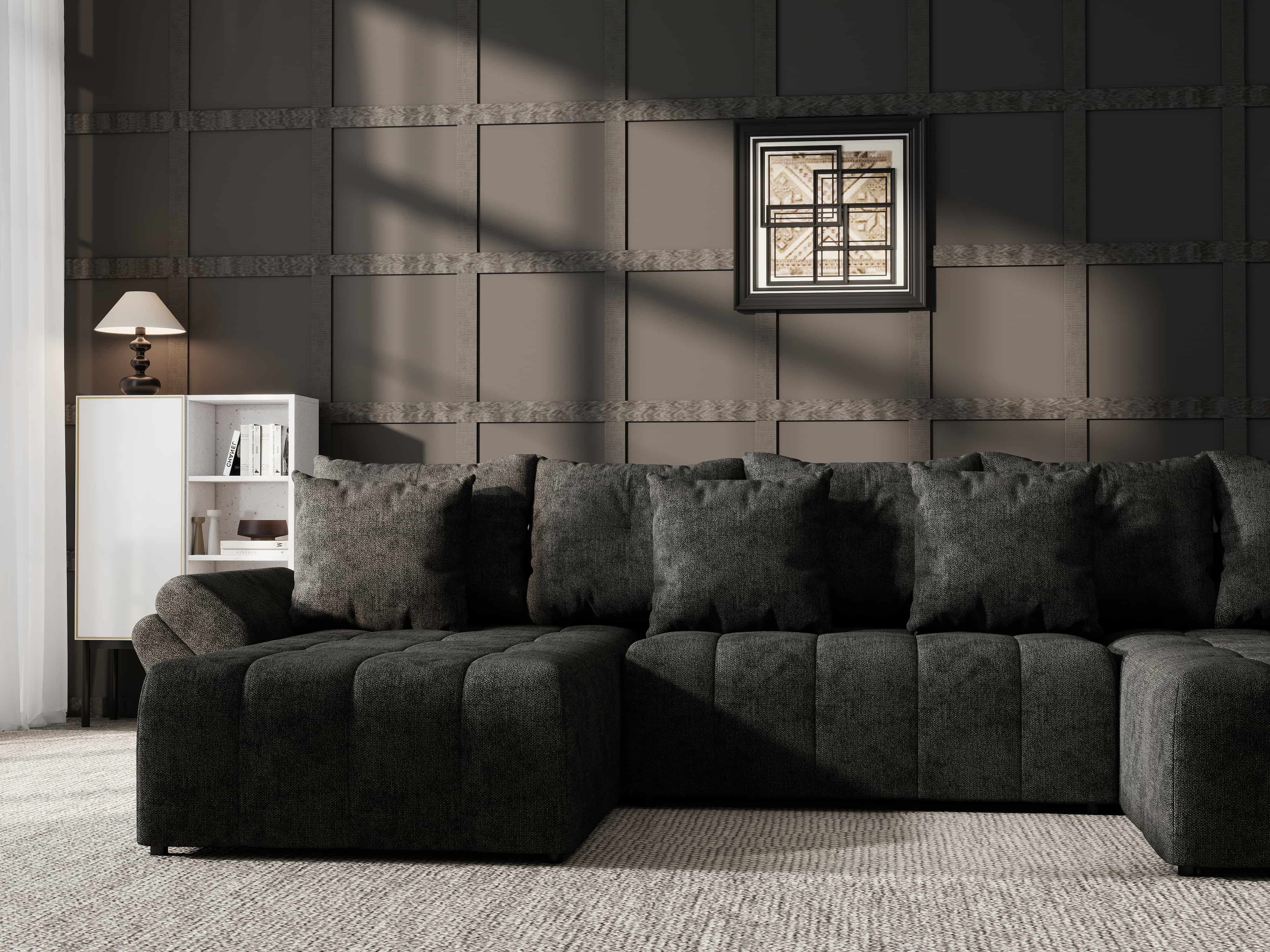 Colțar extensibil dumonde cu ladă de depozitare si sezut confortabil din spuma HR, Berlin U Enjoy Black 380x180 cm Fabrica