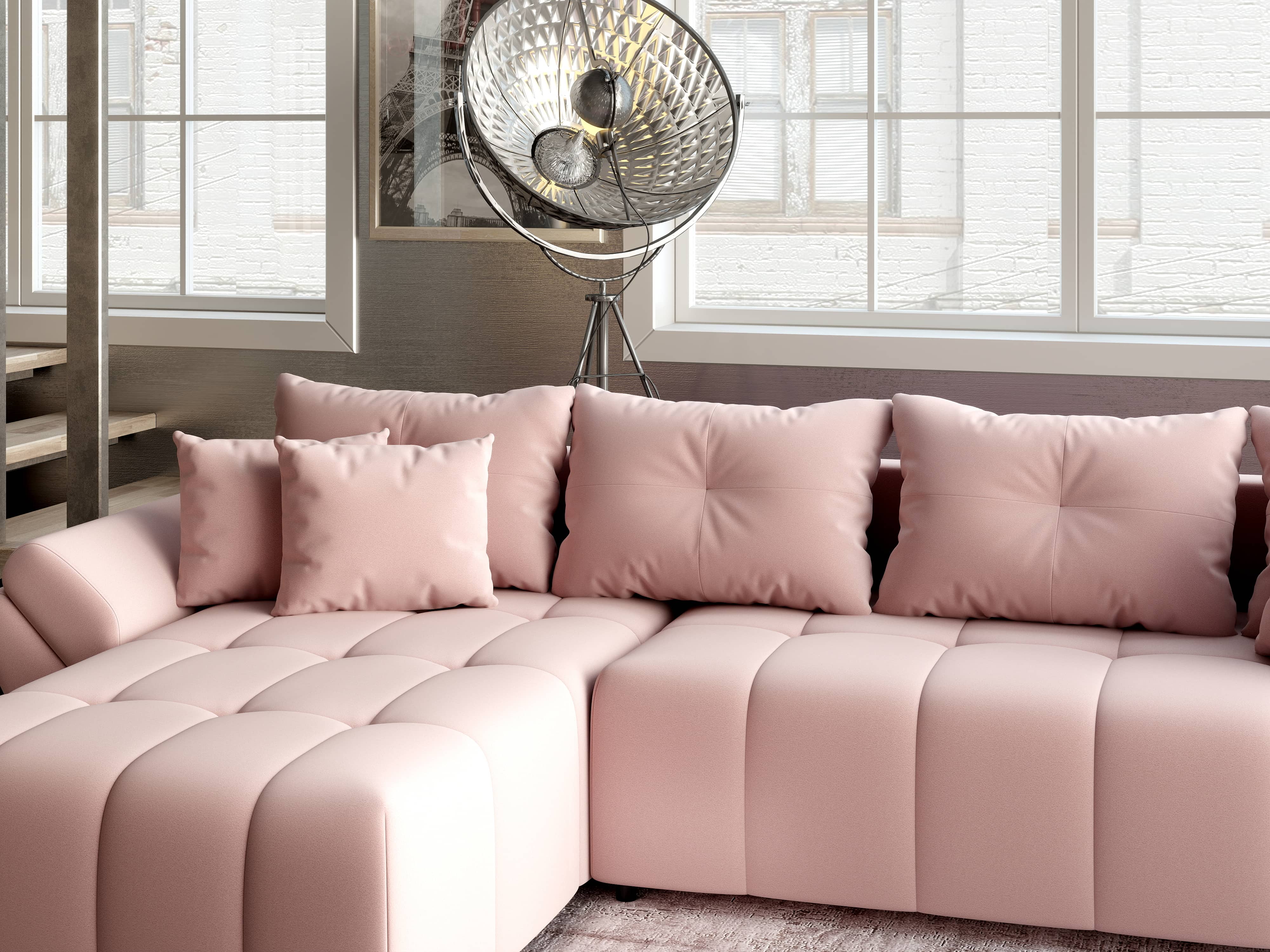 Colțar extensibil dumonde cu ladă de depozitare si sezut confortabil din spuma HR, Berlin XL Royal Roz 350x185 cm Fabrica