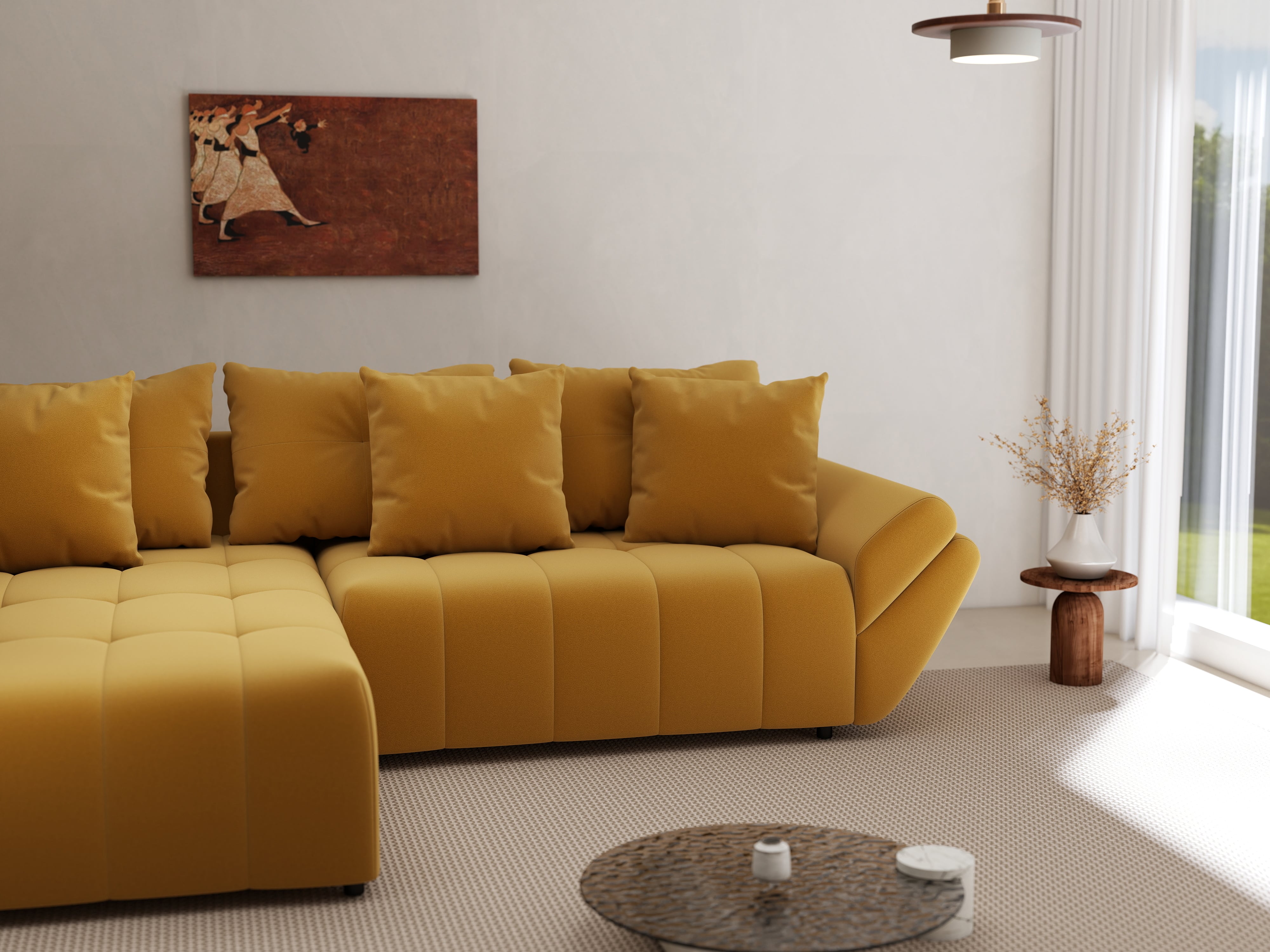 Colțar extensibil dumonde cu ladă de depozitare si sezut confortabil din spuma HR, Berlin Royal Mustar 280x185 cm Fabrica