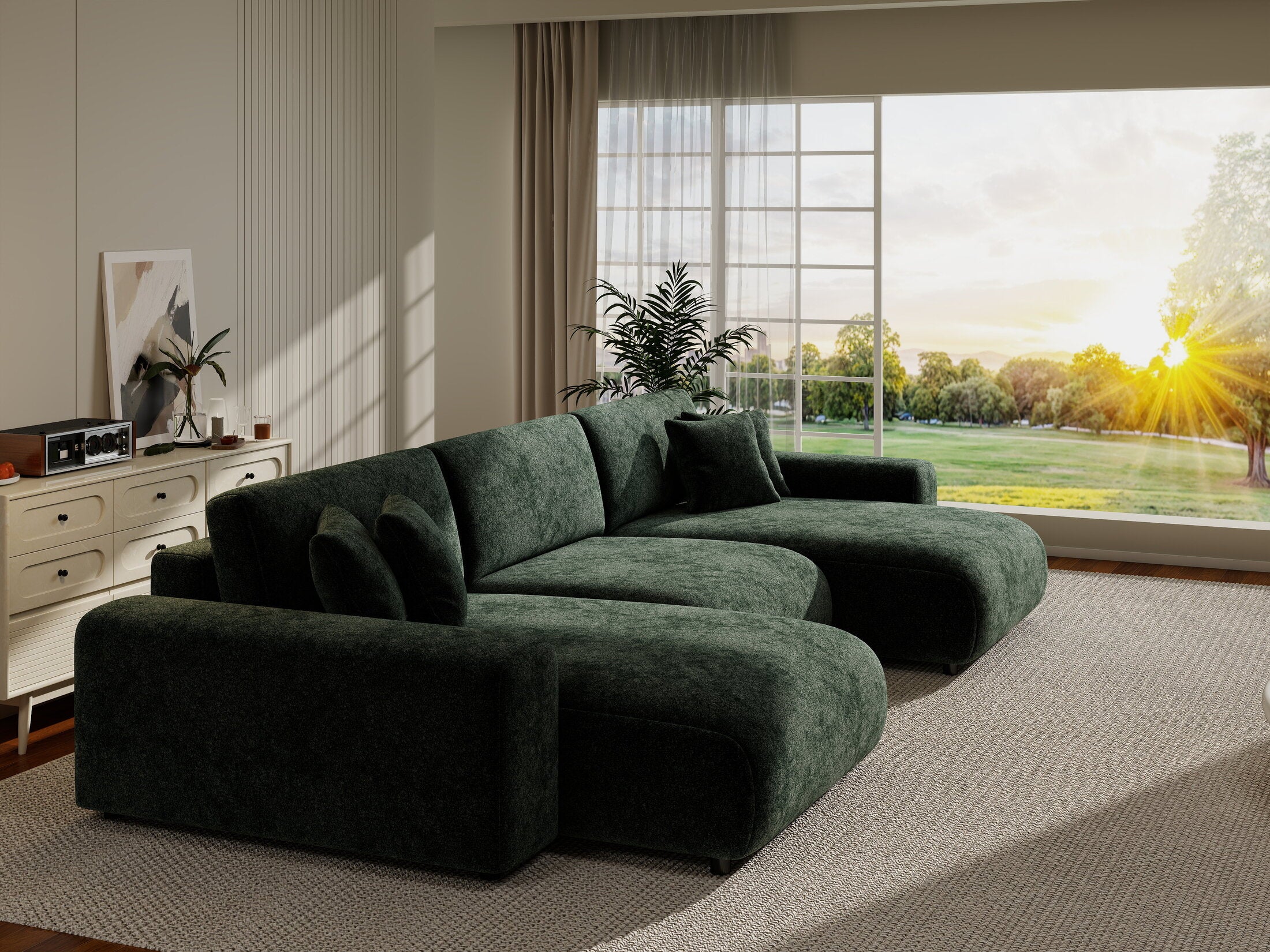 Colțar extensibil dumonde cu ladă de depozitare si sezut confortabil din spuma HR, Sarina U Euphoria Verde 350x168 cm