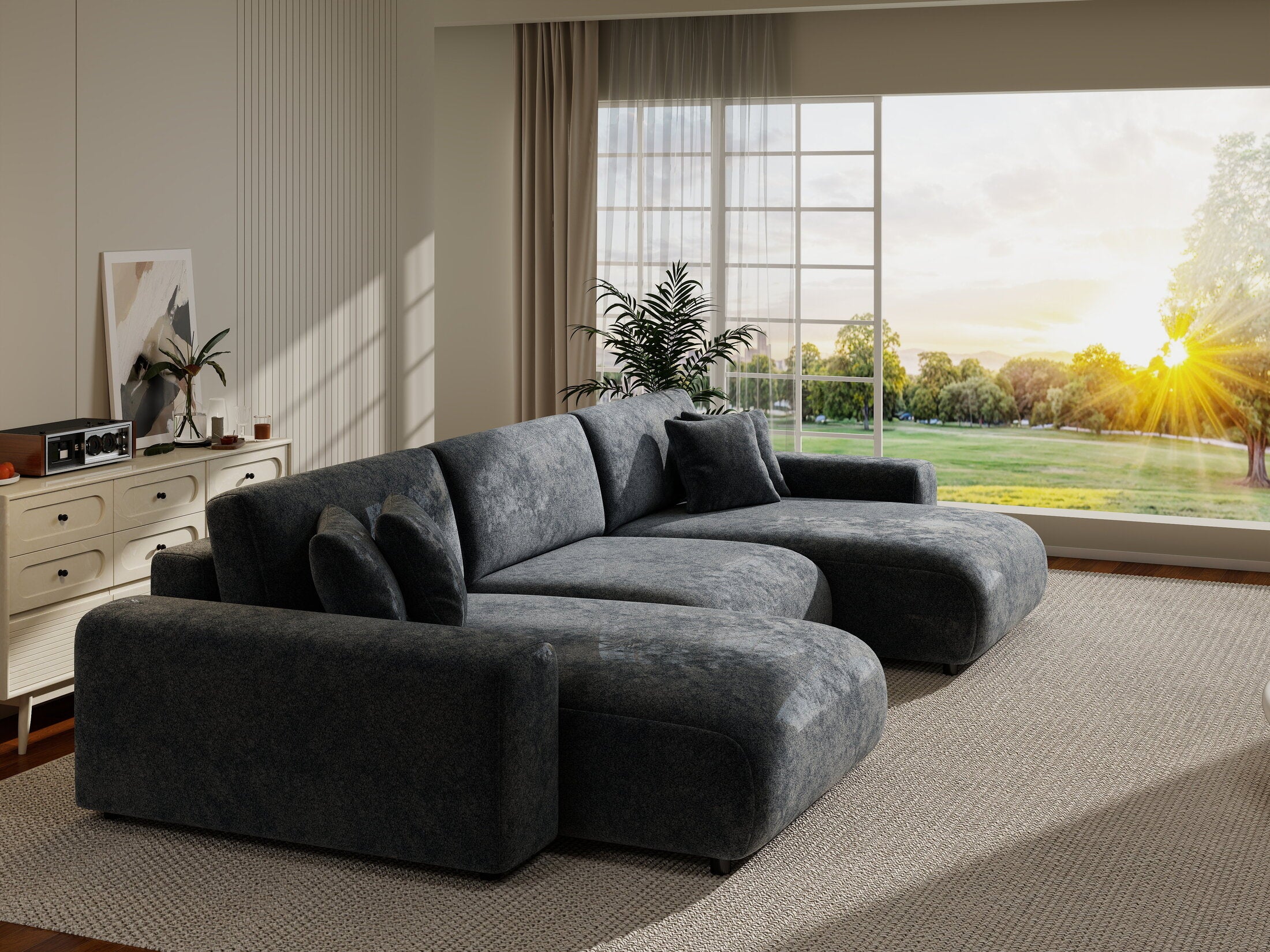 Colțar extensibil dumonde cu ladă de depozitare si sezut confortabil din spuma HR, Sarina U Euphoria Gri Grafit 350x168 cm