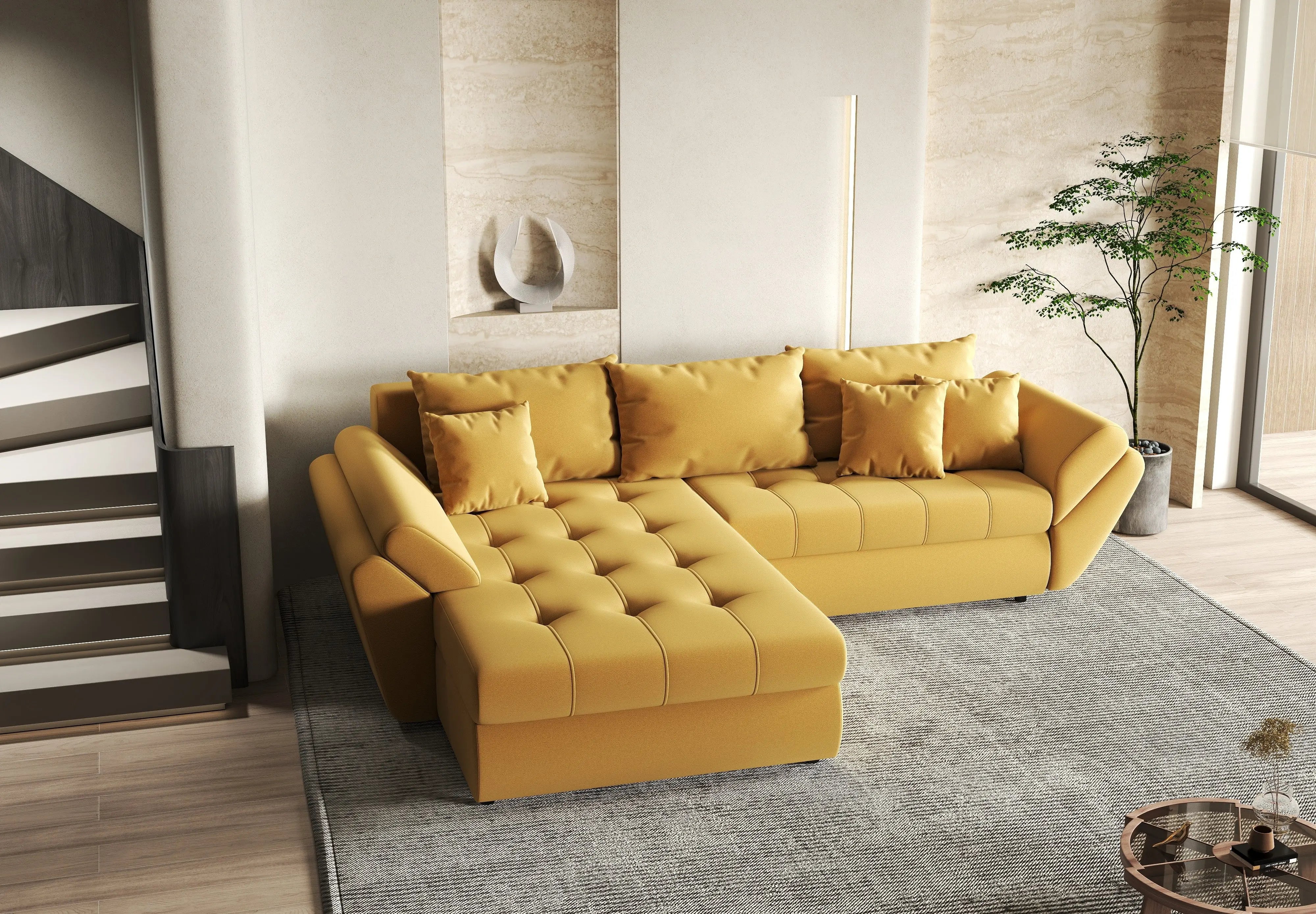 Colțar extensibil dumonde cu ladă de depozitare si sezut confortabil din spuma HR, Loana Muștar 270x185 cm Fabrica