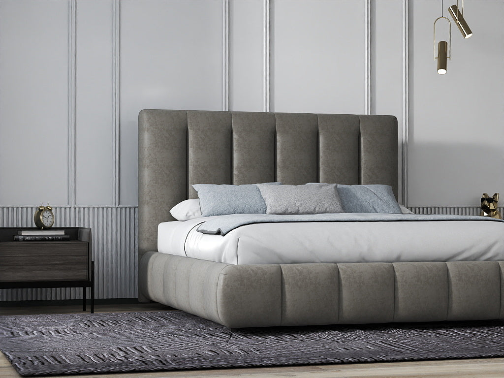 Pat dormitor dumonde, tapitat bej, Divaneo 160x200 cm, somiera rabatabila inclusa, spatiu depozitare WLS