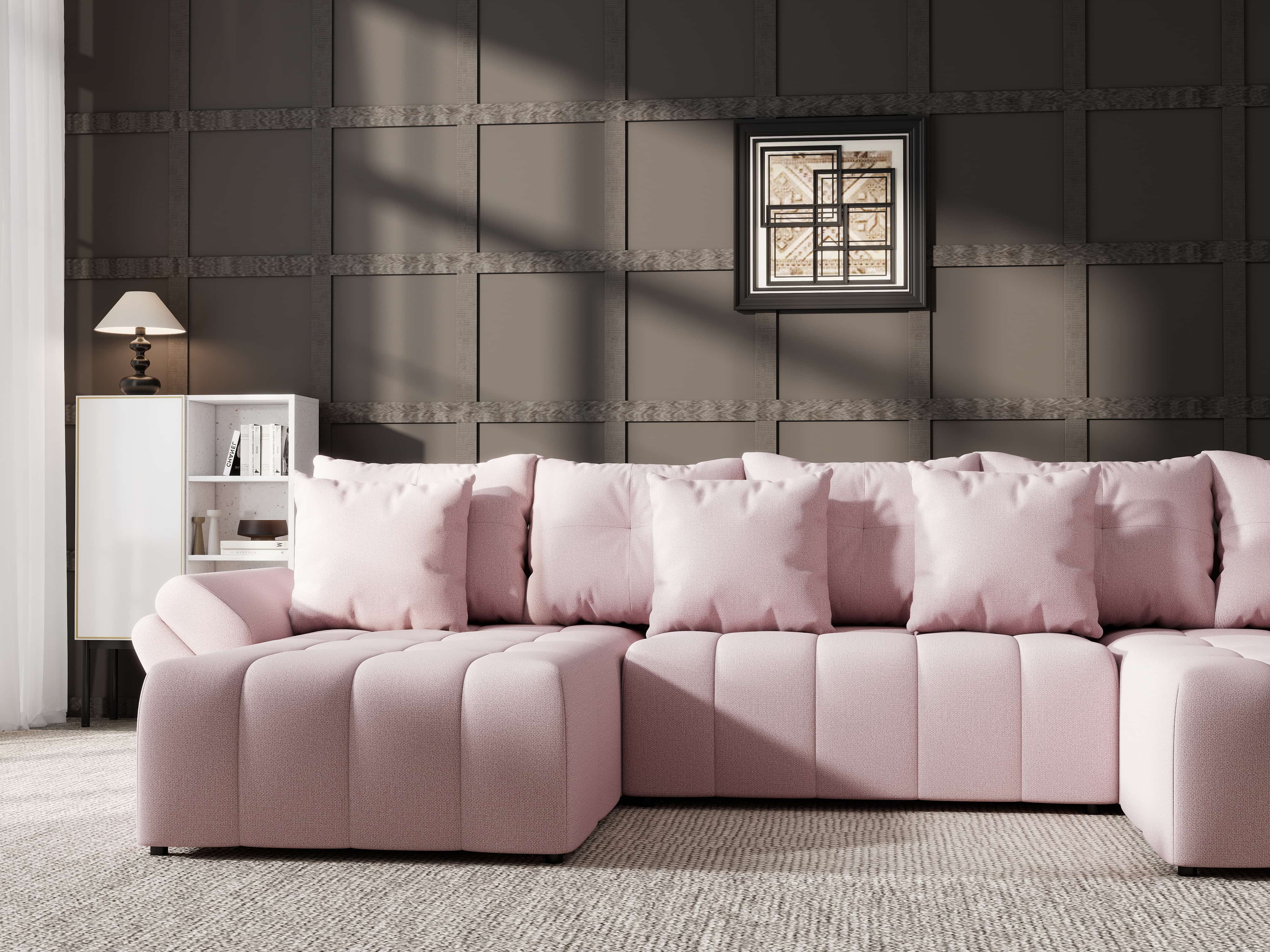 Colțar extensibil dumonde cu ladă de depozitare si sezut confortabil din spuma HR, Berlin U Enjoy Flamingo 380x180 cm Fabrica