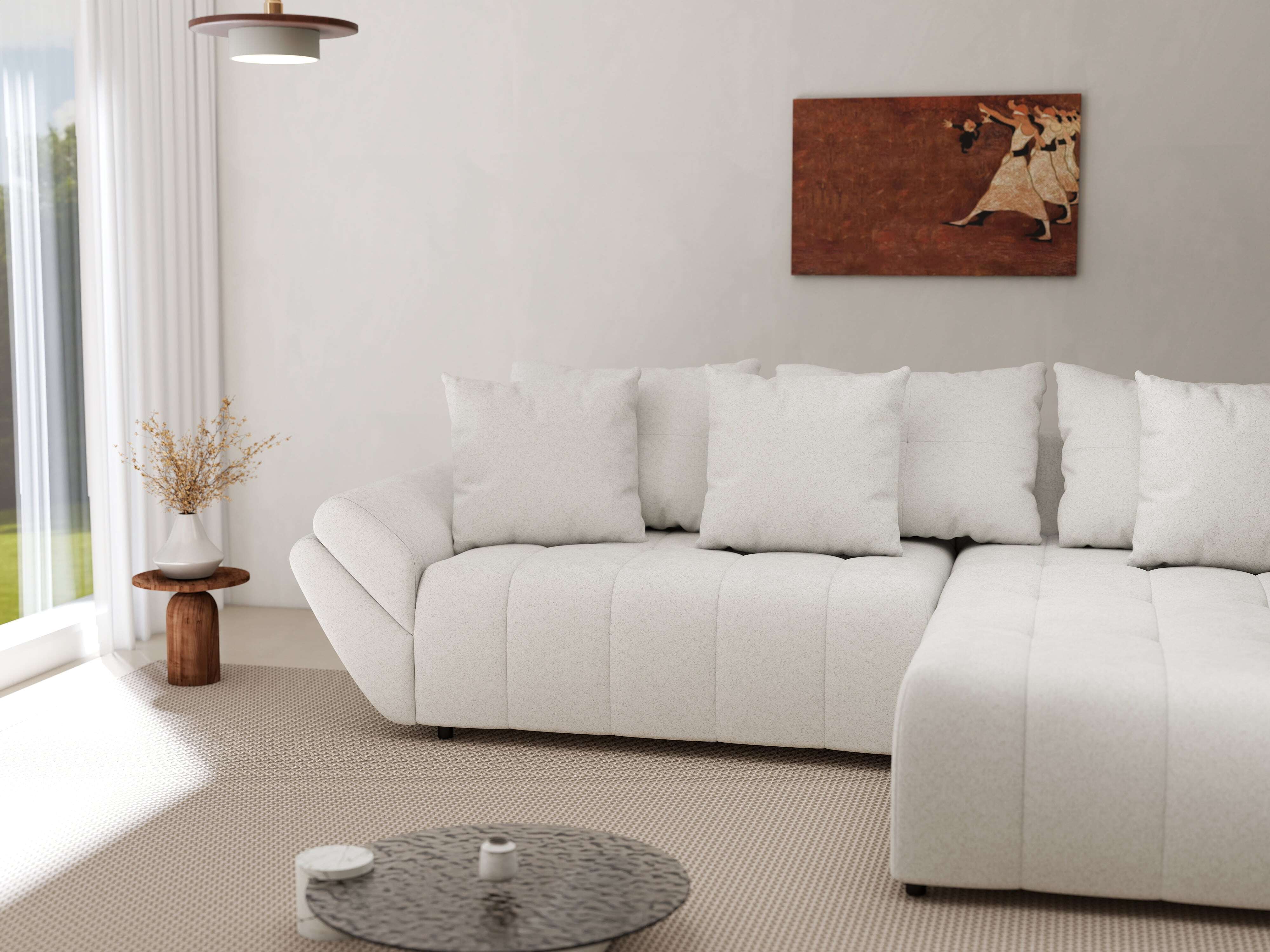 Colțar extensibil dumonde cu ladă de depozitare si sezut confortabil din spuma HR, Berlin Euphoria Ivory 280x185 cm II Fabrica