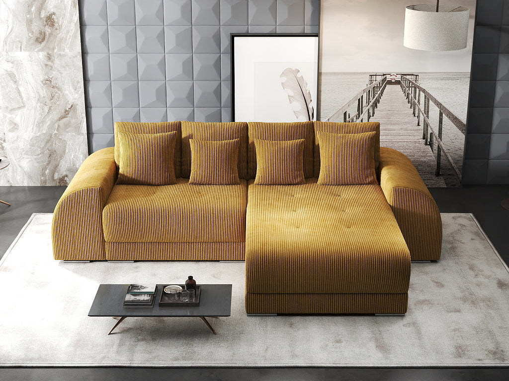 Colțar extensibil dumonde cu ladă de depozitare si sezut confortabil din spuma HR, Verona Zoom Mustar II 290x185 cm Fabrica