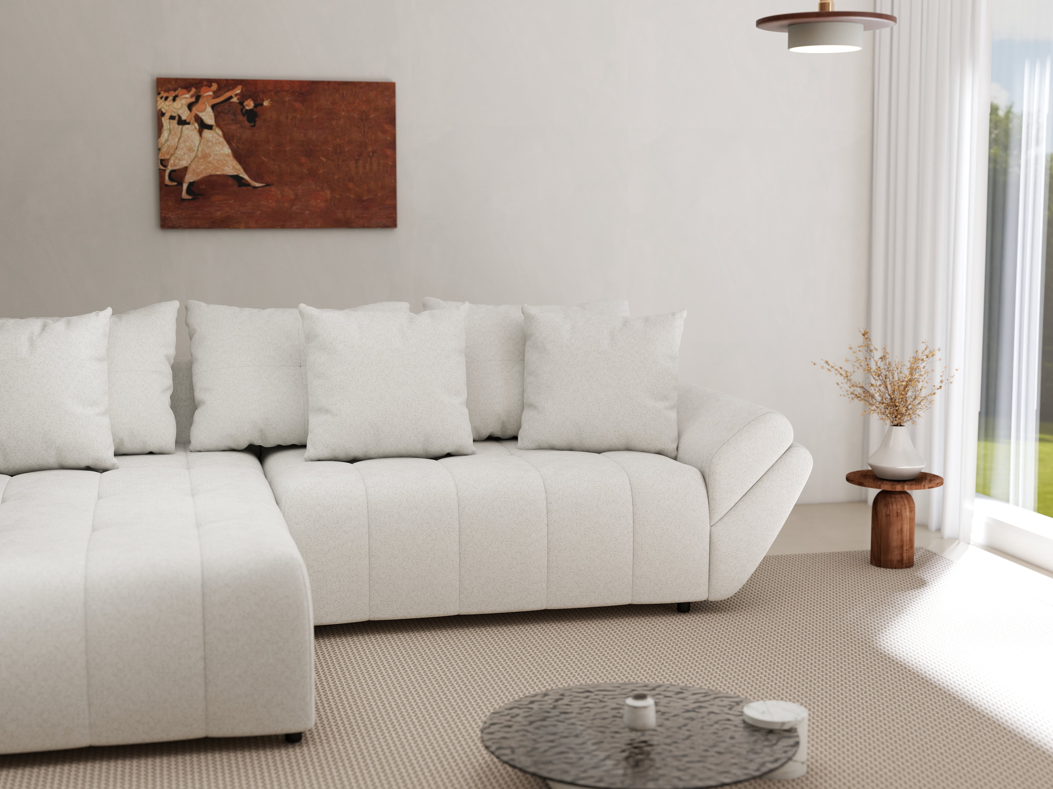 Colțar extensibil dumonde cu ladă de depozitare si sezut confortabil din spuma HR, Berlin Euphoria Ivory 280x185 cm Fabrica