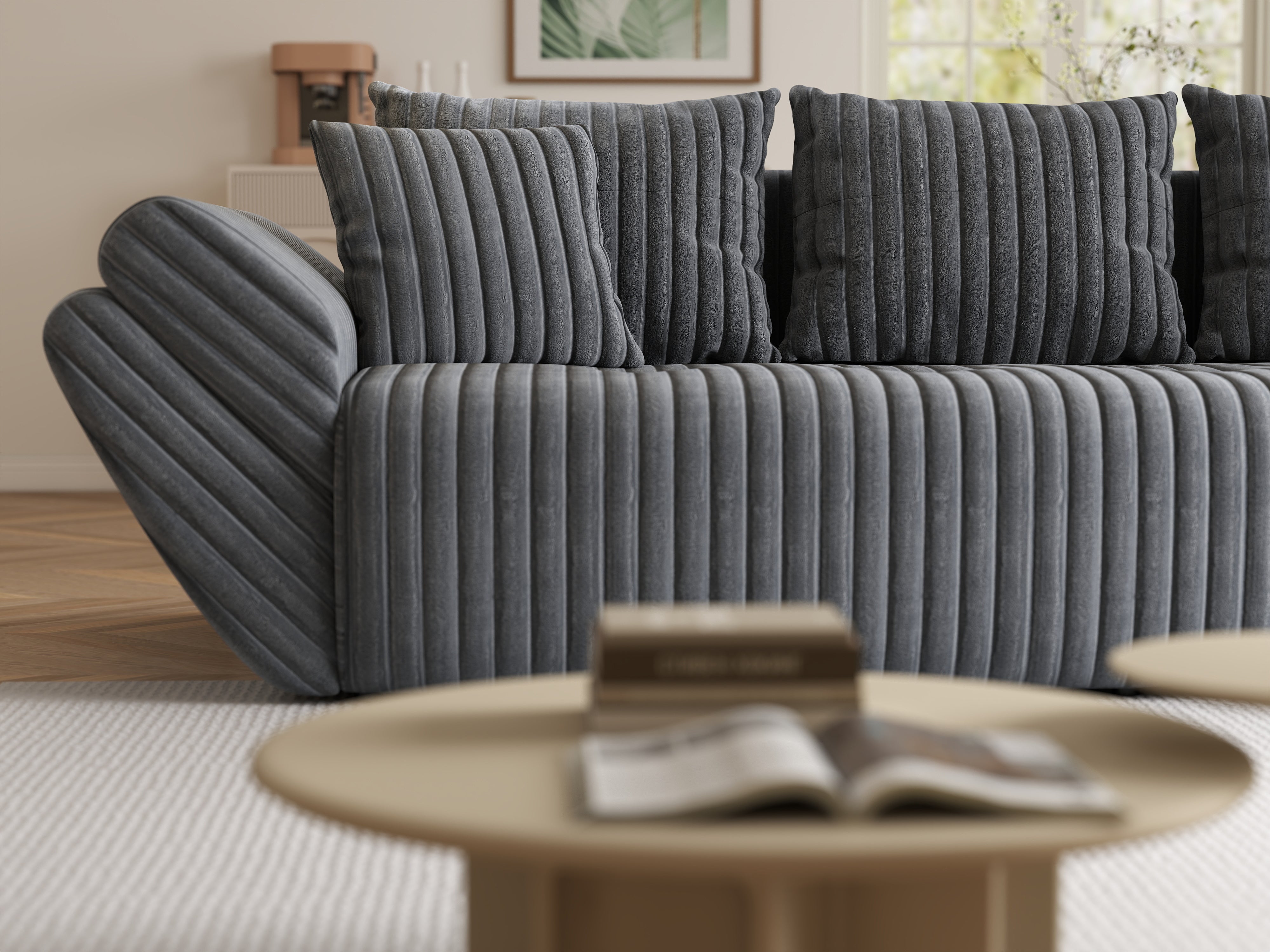 Canapea extensibilă dumonde cu ladă de depozitare si sezut confortabil din spuma HR, Berlin Ambience Grey 250x100 cm Fabrica