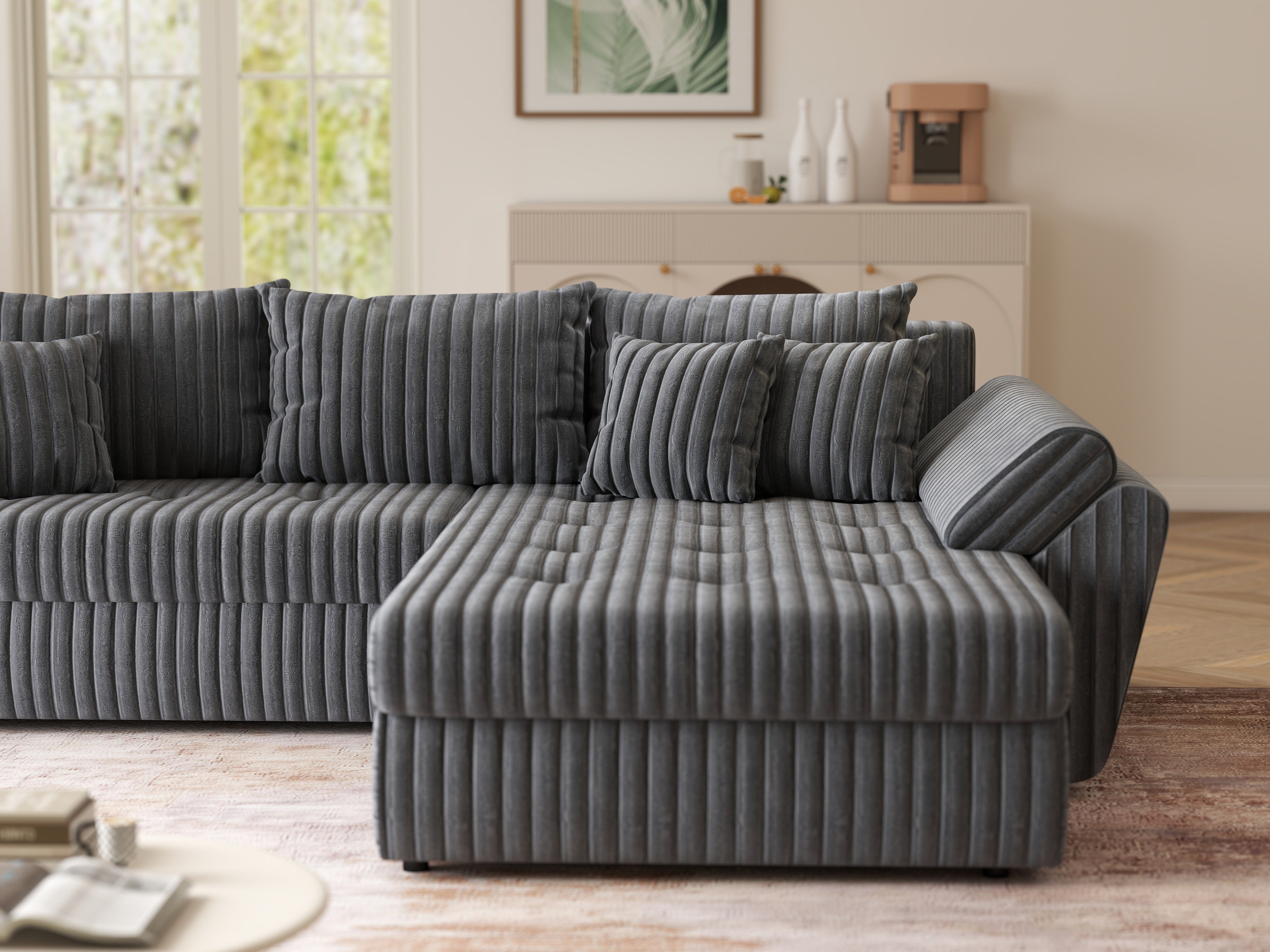 Colțar extensibil dumonde cu ladă de depozitare si sezut confortabil din spuma HR, Loana Ambience Antracit II 270x185 cm Fabrica