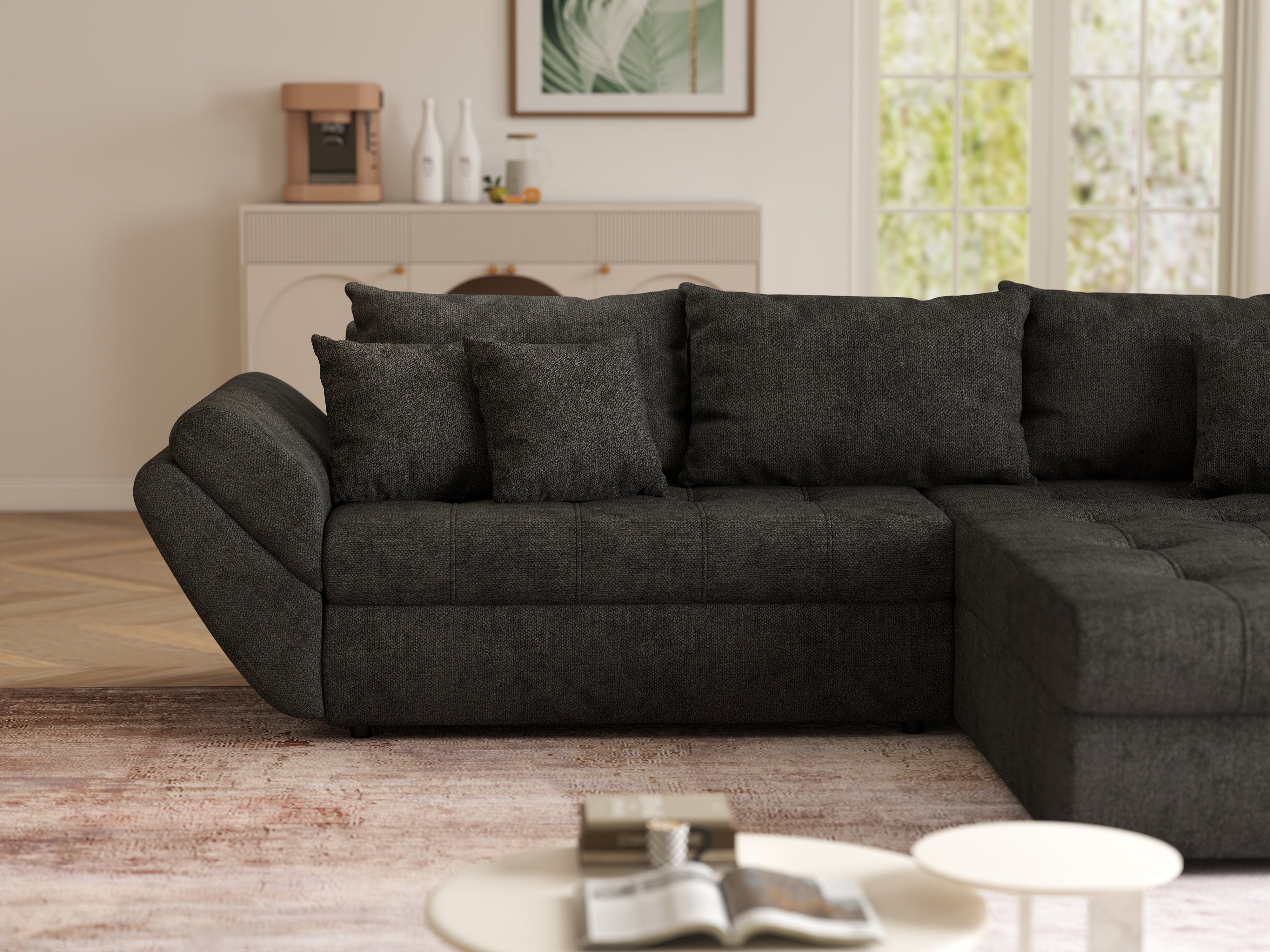 Colțar extensibil dumonde cu ladă de depozitare si sezut confortabil din spuma HR, Loana Enjoy Black 270x185 cm Fabrica