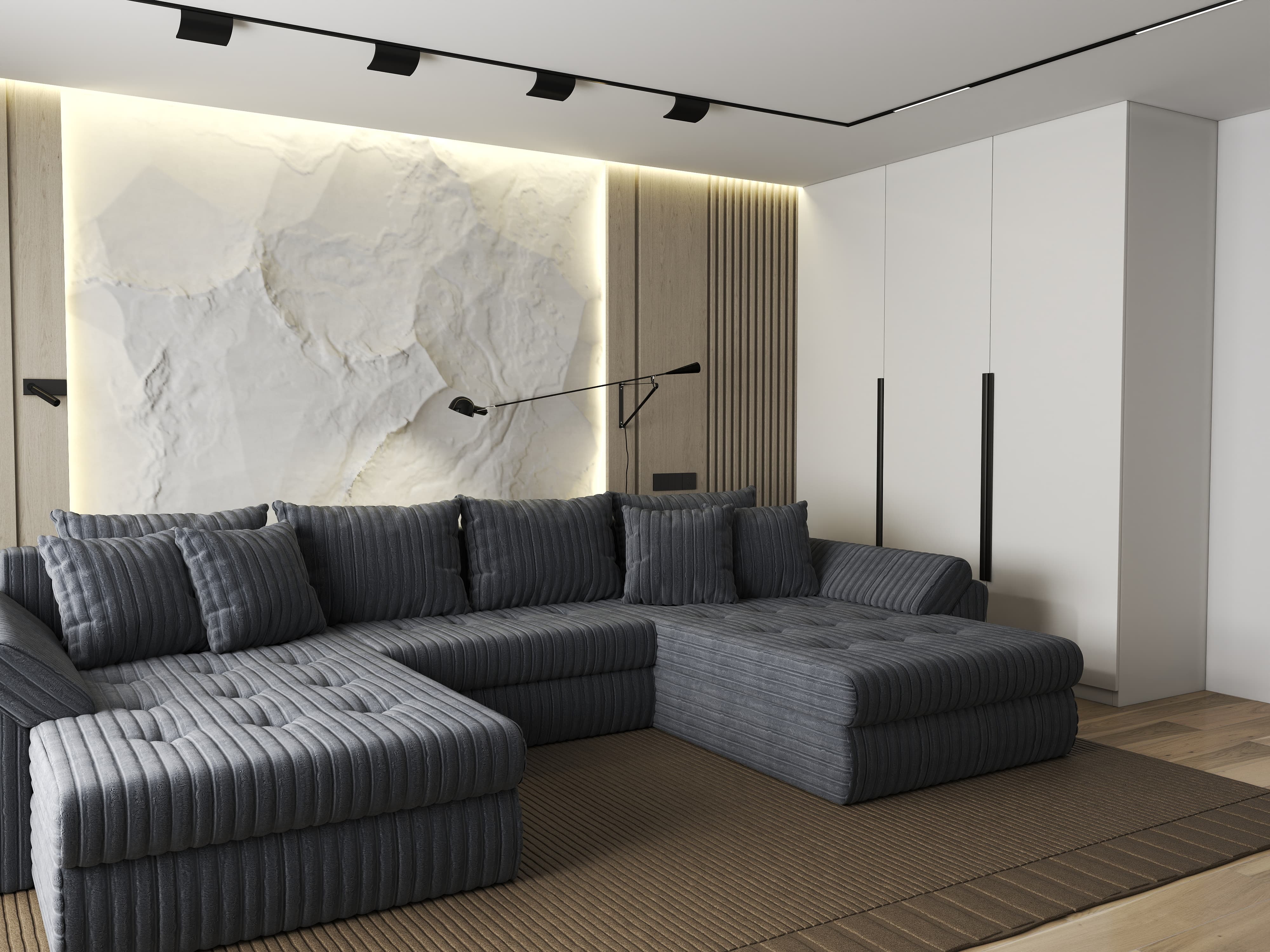 Colțar extensibil dumonde cu ladă de depozitare si sezut confortabil din spuma HR, Loana U Ambience Grey 355x185 cm Fabrica