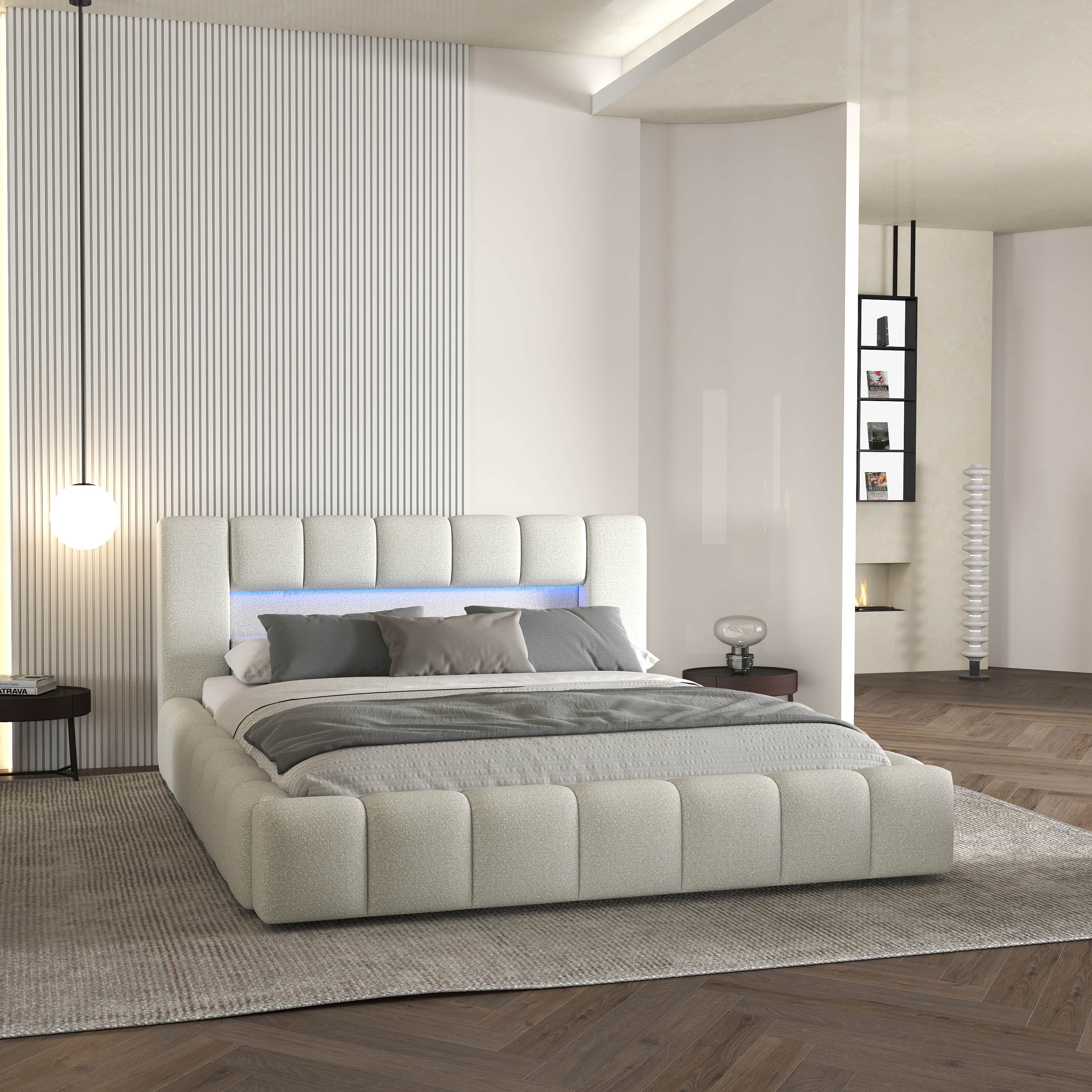 Pat dormitor dumonde, tapitat bej cu LED si USB, Palermo 160x200 cm, somiera rabatabila inclusa, spatiu depozitare WLS