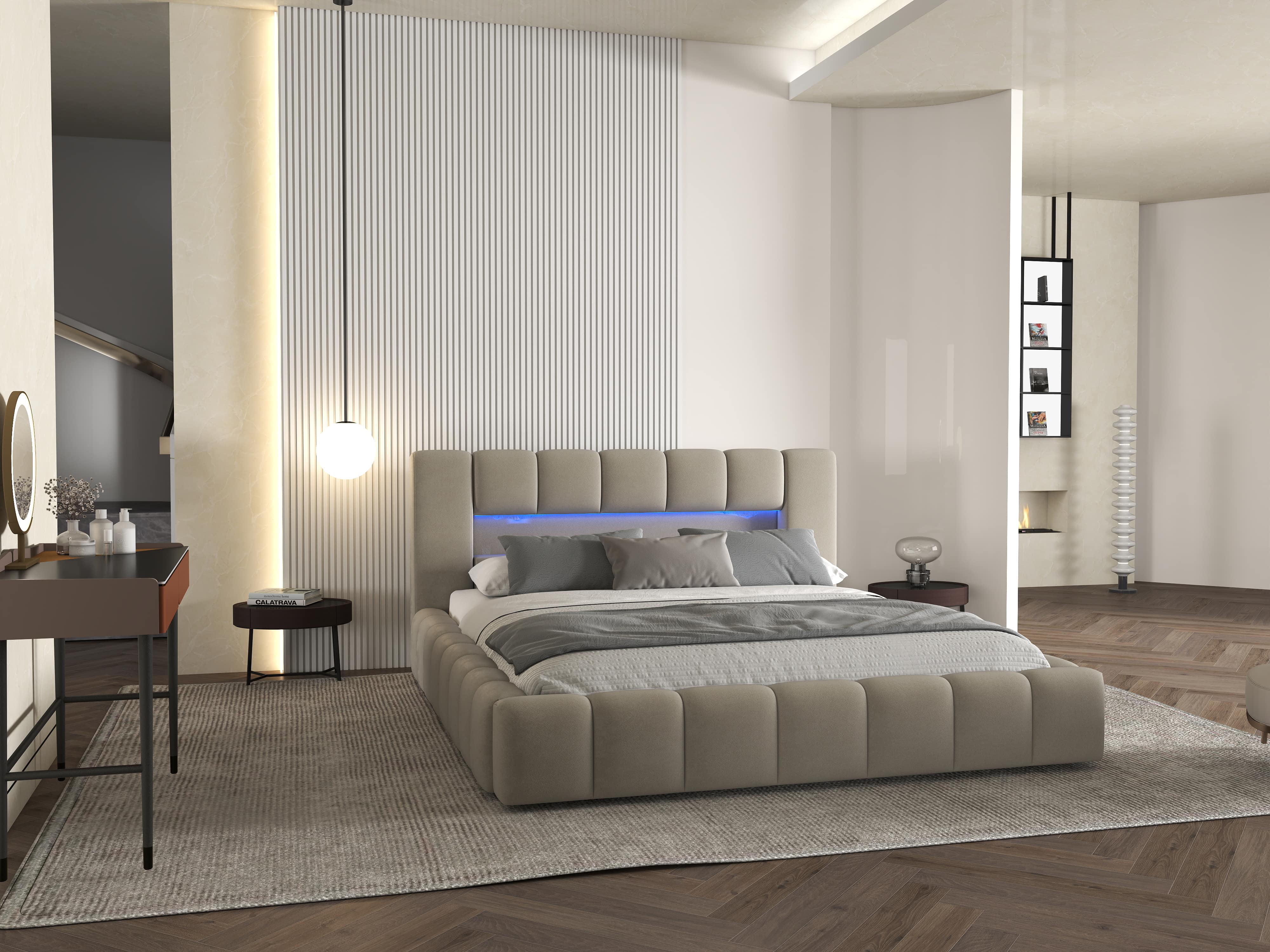 Pat dormitor dumonde, tapitat bej cu LED si USB, Palermo 180x200 cm, somiera rabatabila inclusa, spatiu depozitare WLS