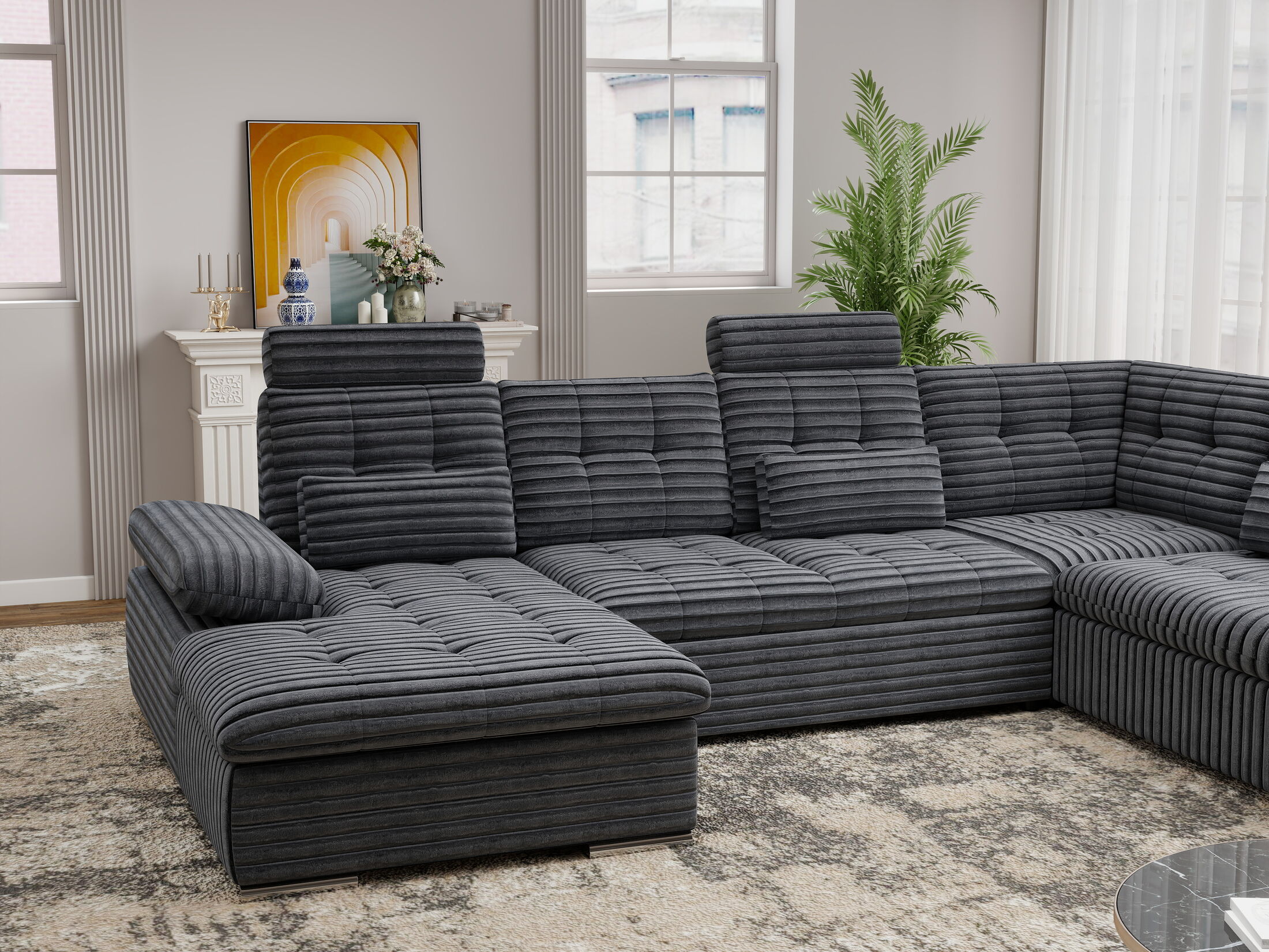 Colțar extensibil dumonde cu ladă de depozitare și șezut confortabil din spumă HR, Merkur U Ambience Gri 324x218 cm