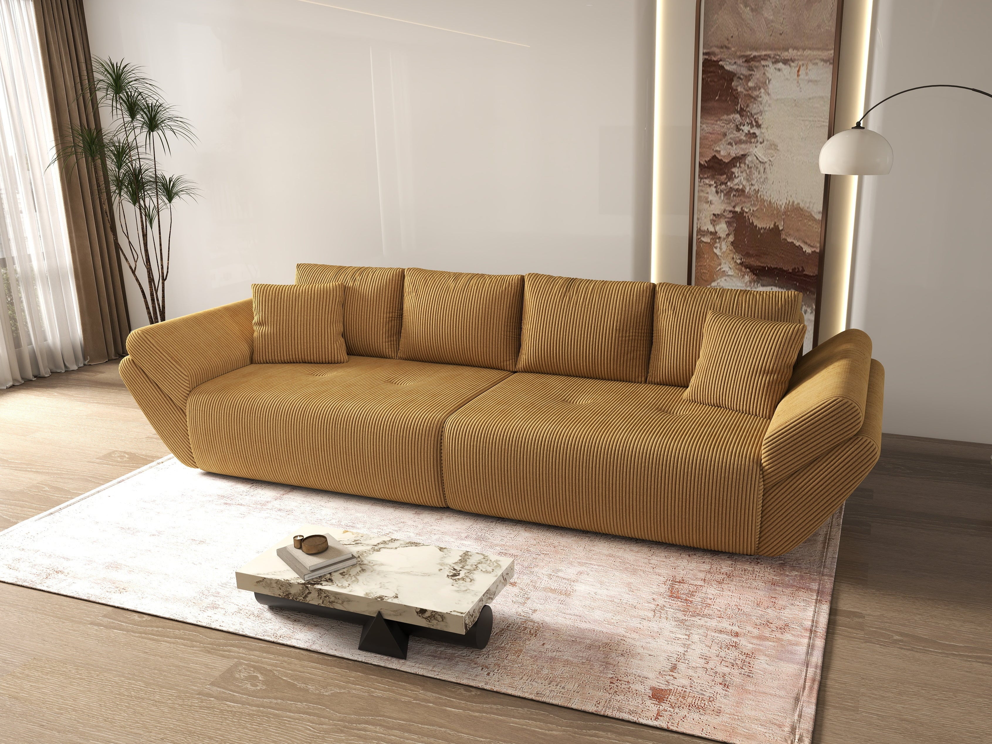 Canapea extensibilă dumonde cu ladă de depozitare si sezut confortabil din spuma HR, Berlin Zoom Mustar 300x100 cm Fabrica