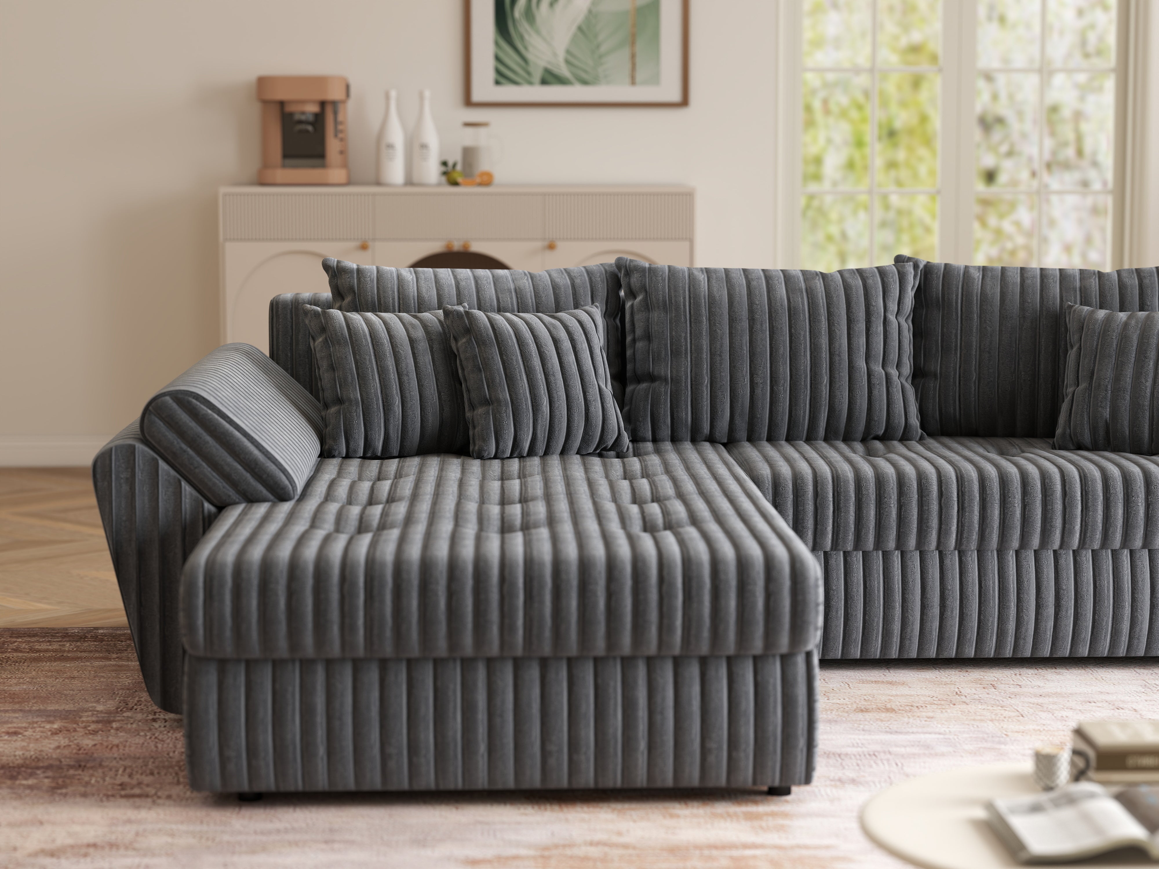 Colțar extensibil dumonde cu ladă de depozitare si sezut confortabil din spuma HR, Loana Ambience Antracit 270x185 cm Fabrica