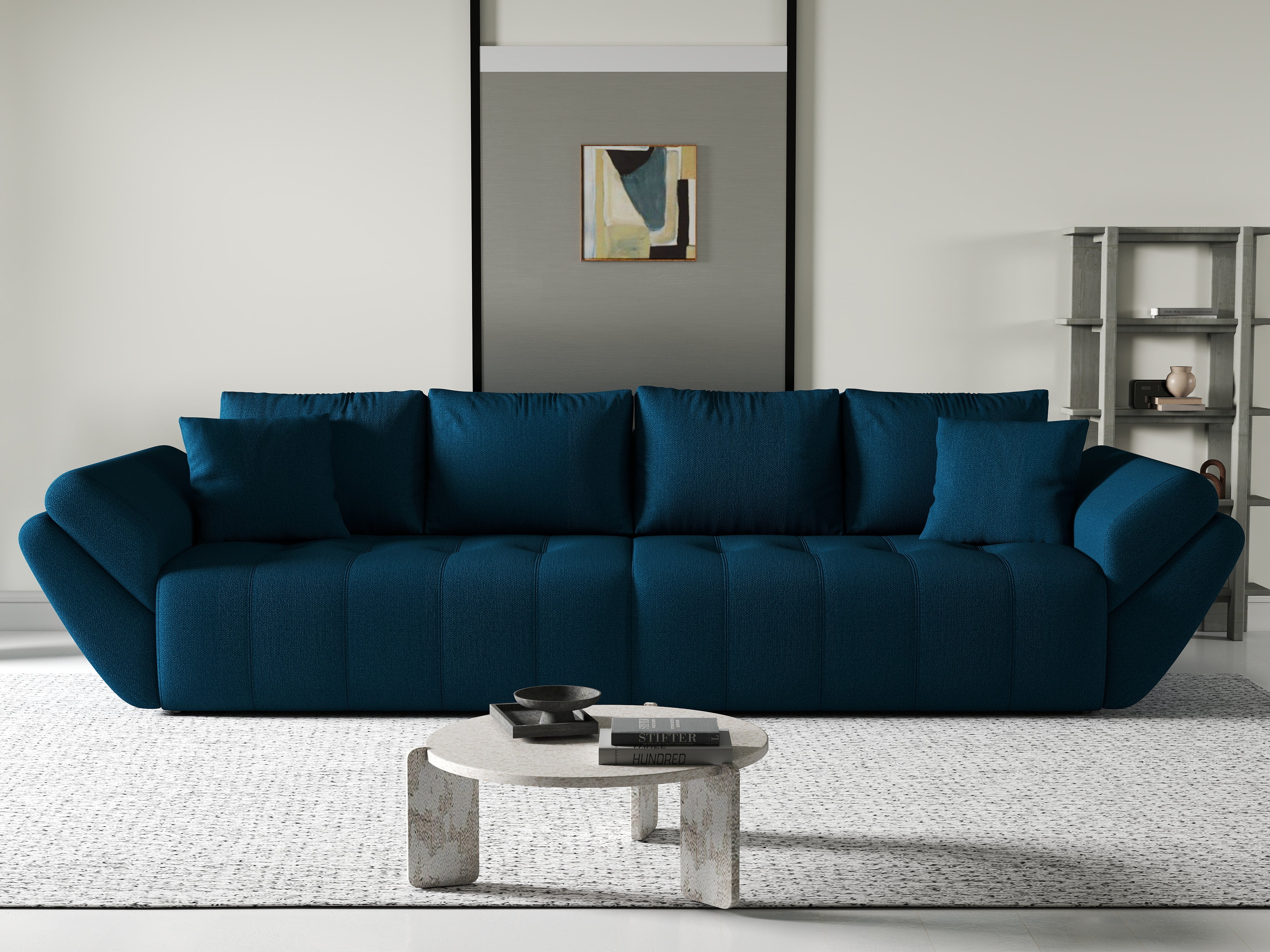 Canapea extensibilă dumonde cu ladă de depozitare si sezut confortabil din spuma HR, Berlin Enjoy Petrol 300x100 cm Fabrica