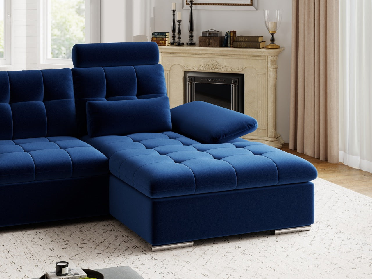 Colțar extensibil dumonde cu ladă de depozitare și șezut confortabil din spumă HR, Merkur Royal Albastru Navy 270x168 cm II