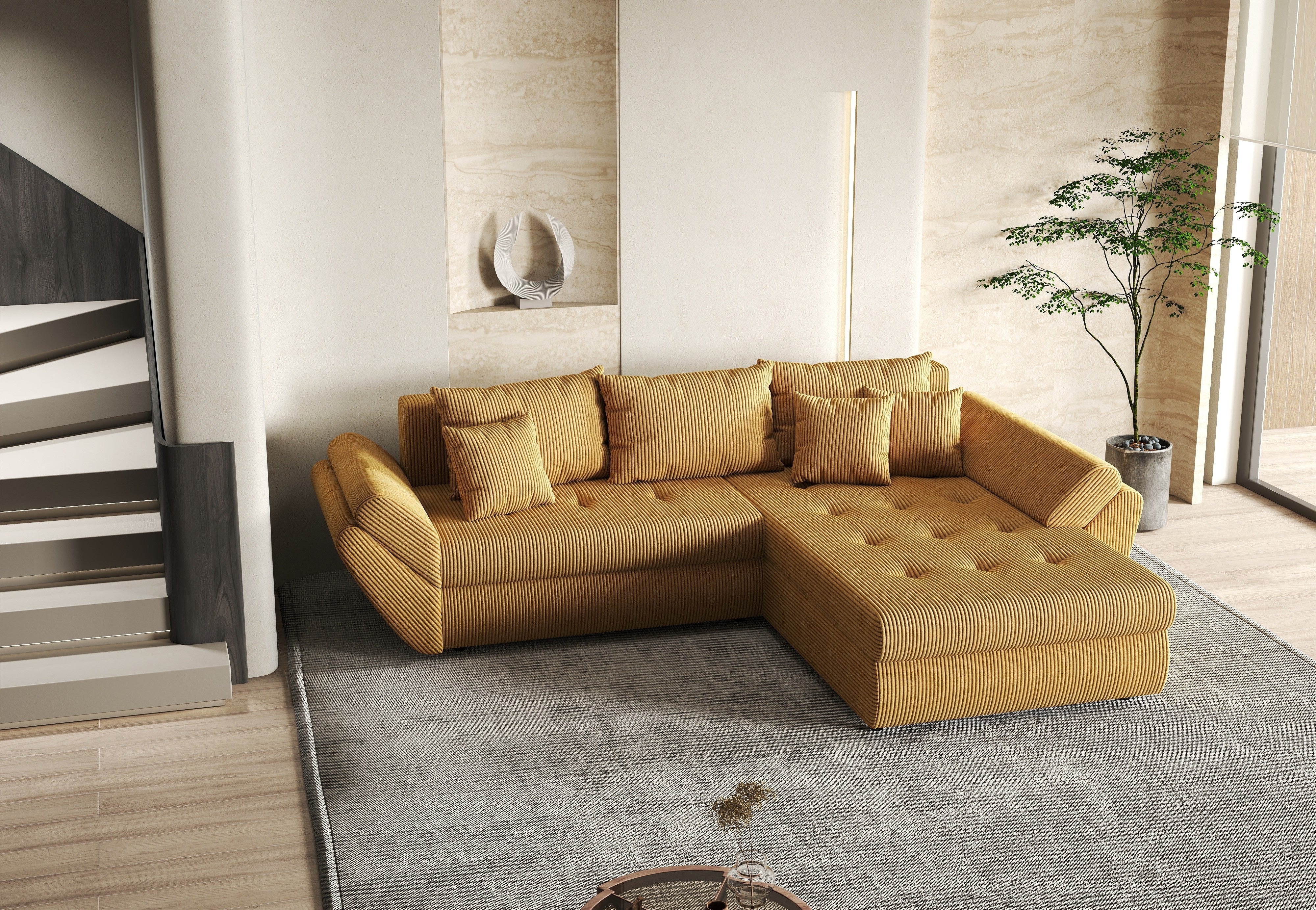 Colțar extensibil dumonde cu ladă de depozitare si sezut confortabil din spuma HR, Loana Zoom Mustar II 270x185 cm Fabrica