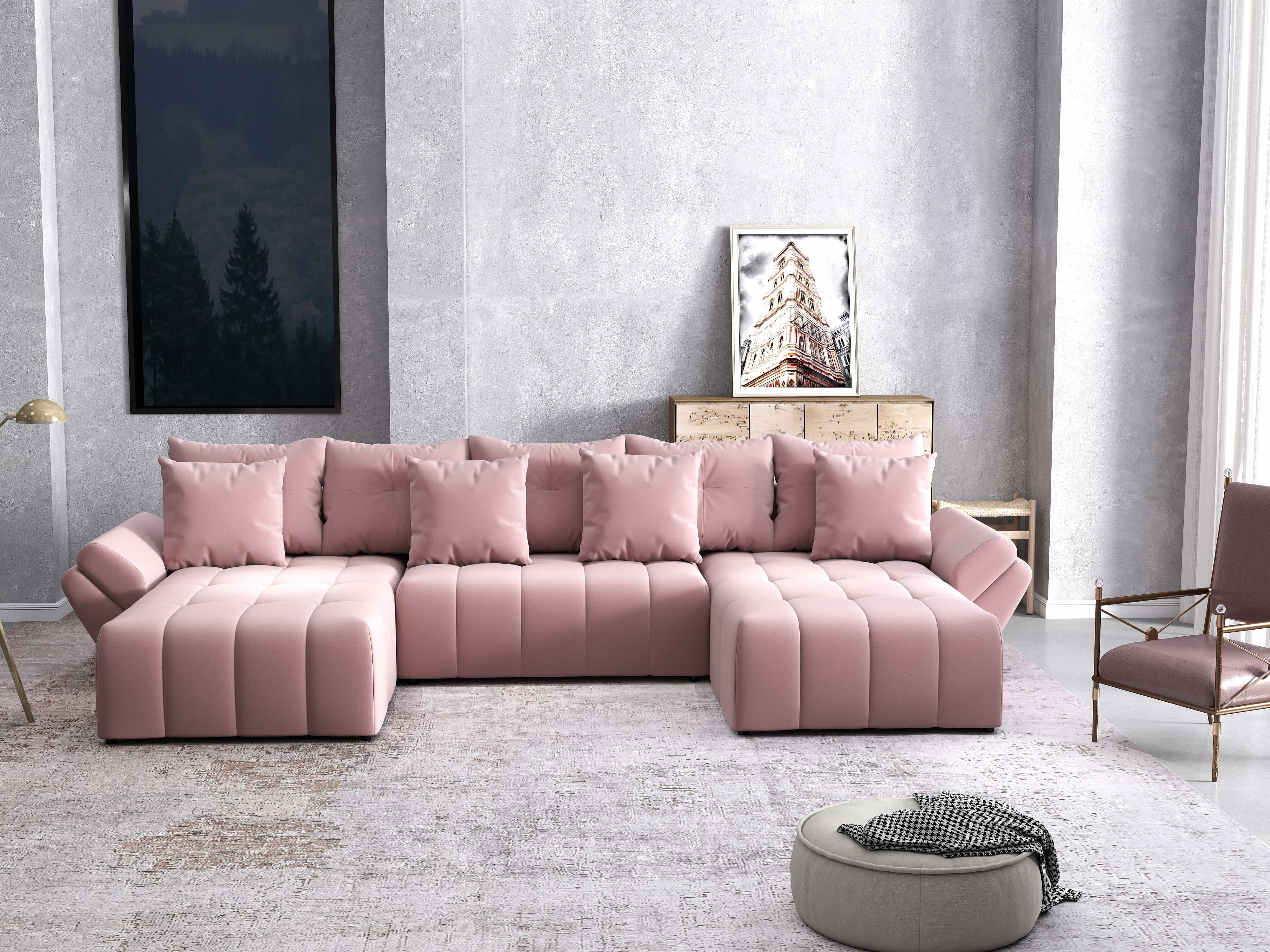 Colțar extensibil dumonde cu ladă de depozitare si sezut confortabil din spuma HR, Berlin U Royal Roz 380x180 cm Fabrica