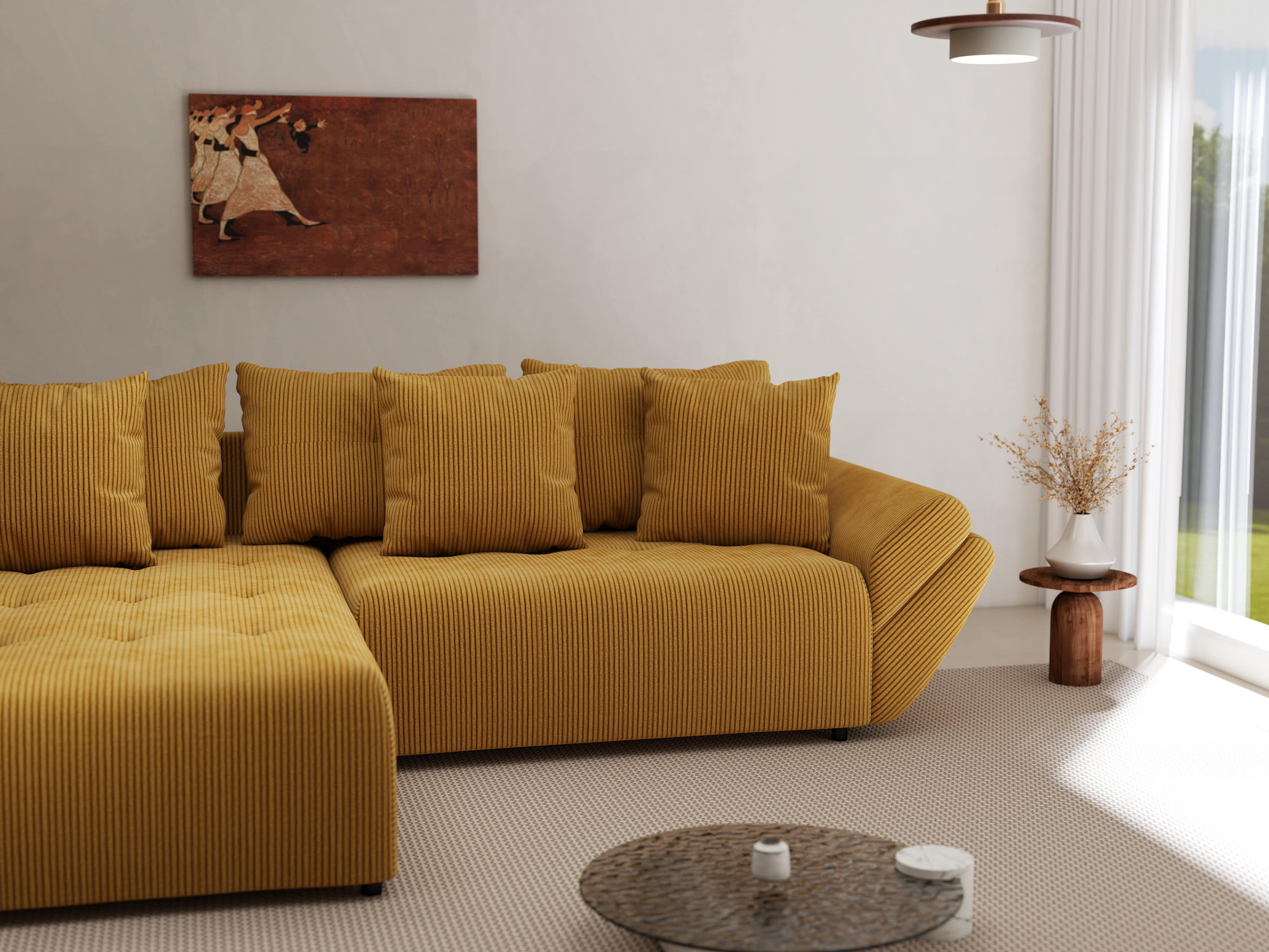 Colțar extensibil dumonde cu ladă de depozitare si sezut confortabil din spuma HR, Berlin Zoom Mustar 280x185 cm Fabrica