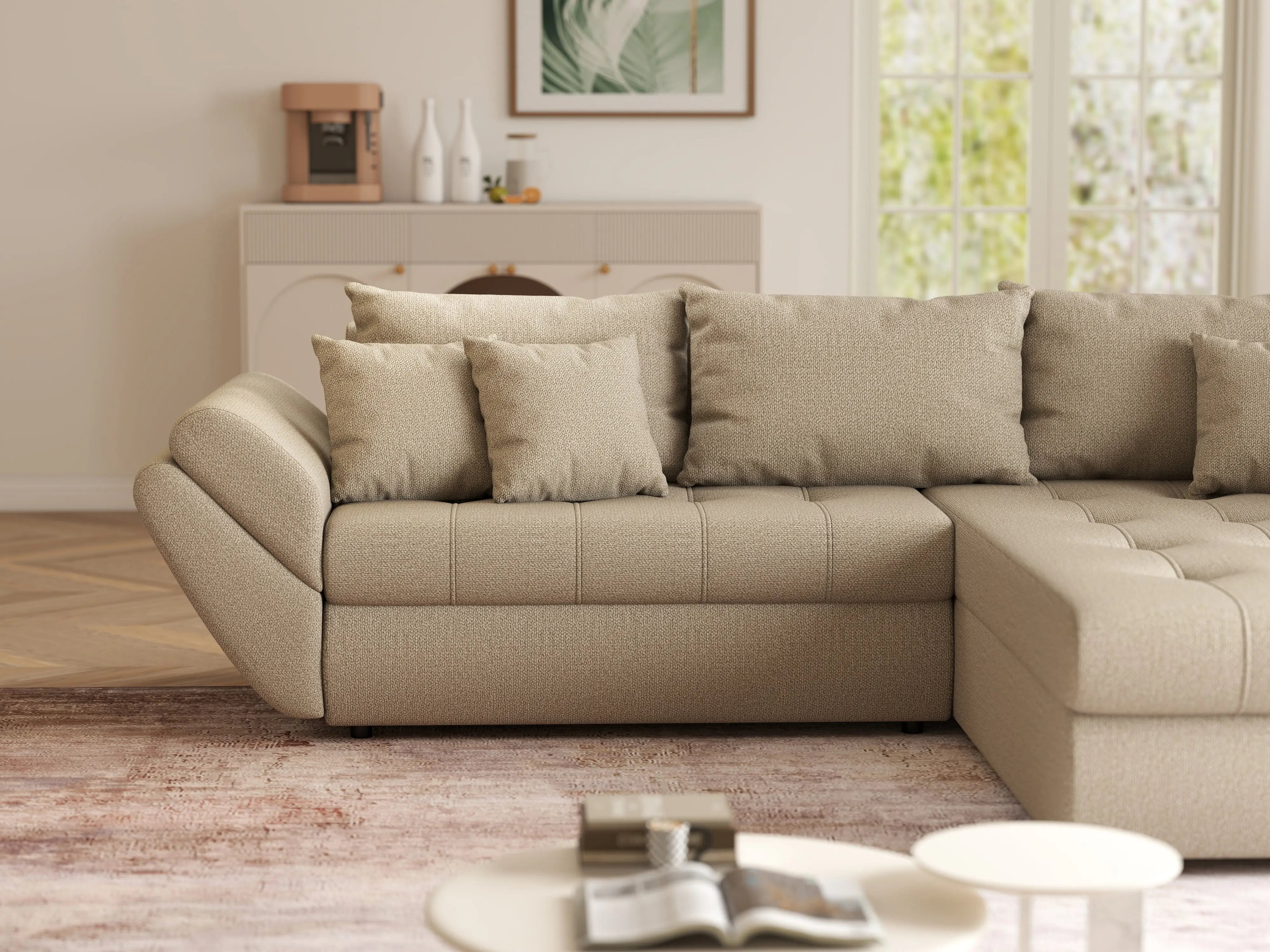 Colțar extensibil dumonde cu ladă de depozitare si sezut confortabil din spuma HR, Loana Camel II 270x185 cm Fabrica