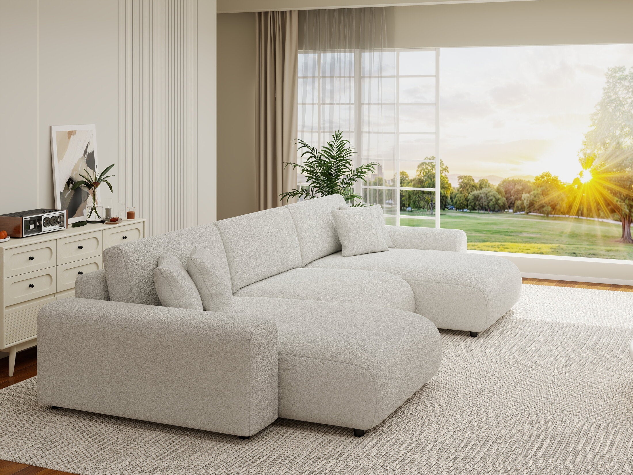 Colțar extensibil dumonde cu ladă de depozitare si sezut confortabil din spuma HR, Sarina U Euphoria Alb 350x168 cm