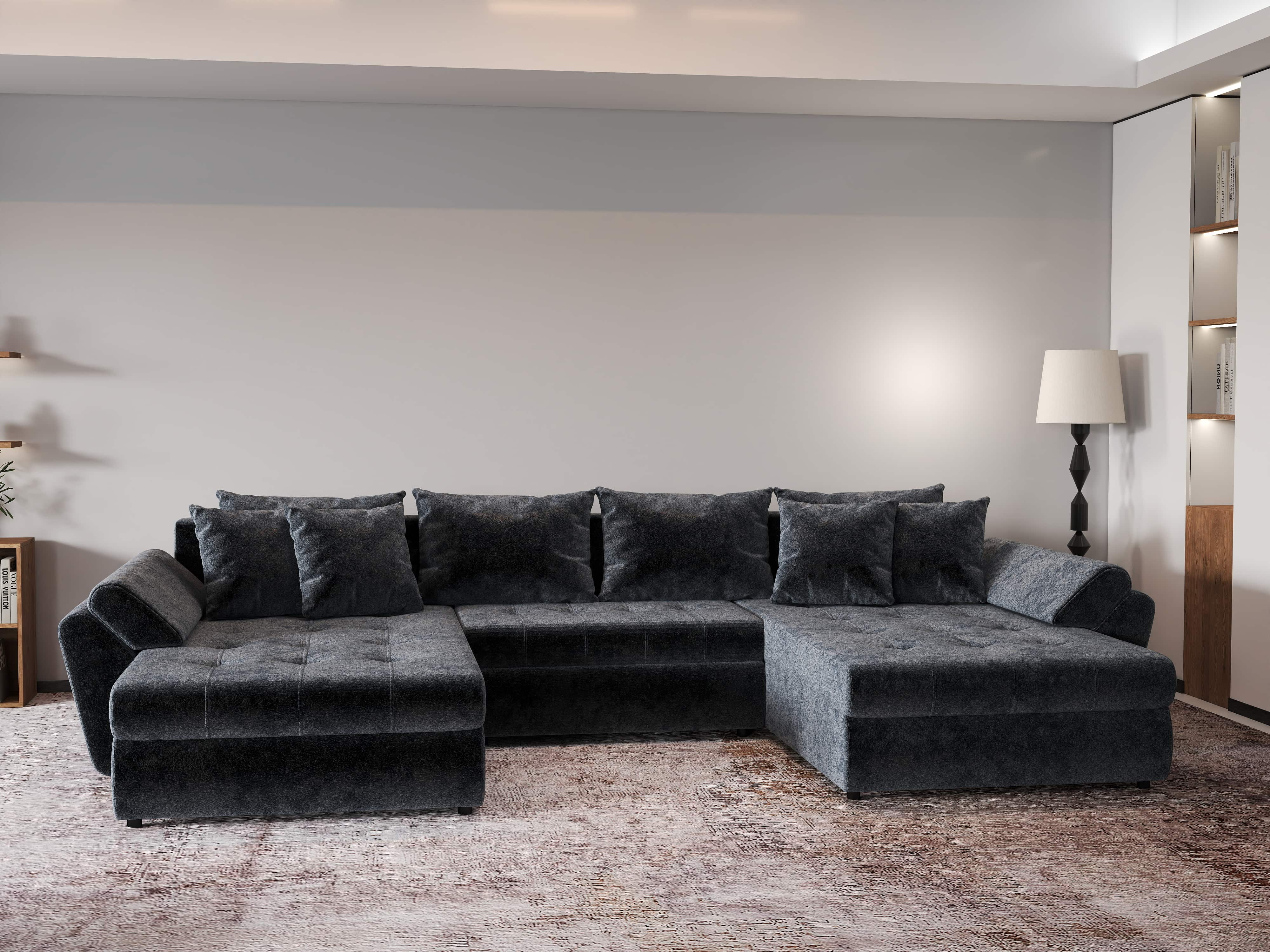 Colțar extensibil dumonde cu ladă de depozitare si sezut confortabil din spuma HR, Loana U Euphoria Grafit 355x185 cm Fabrica