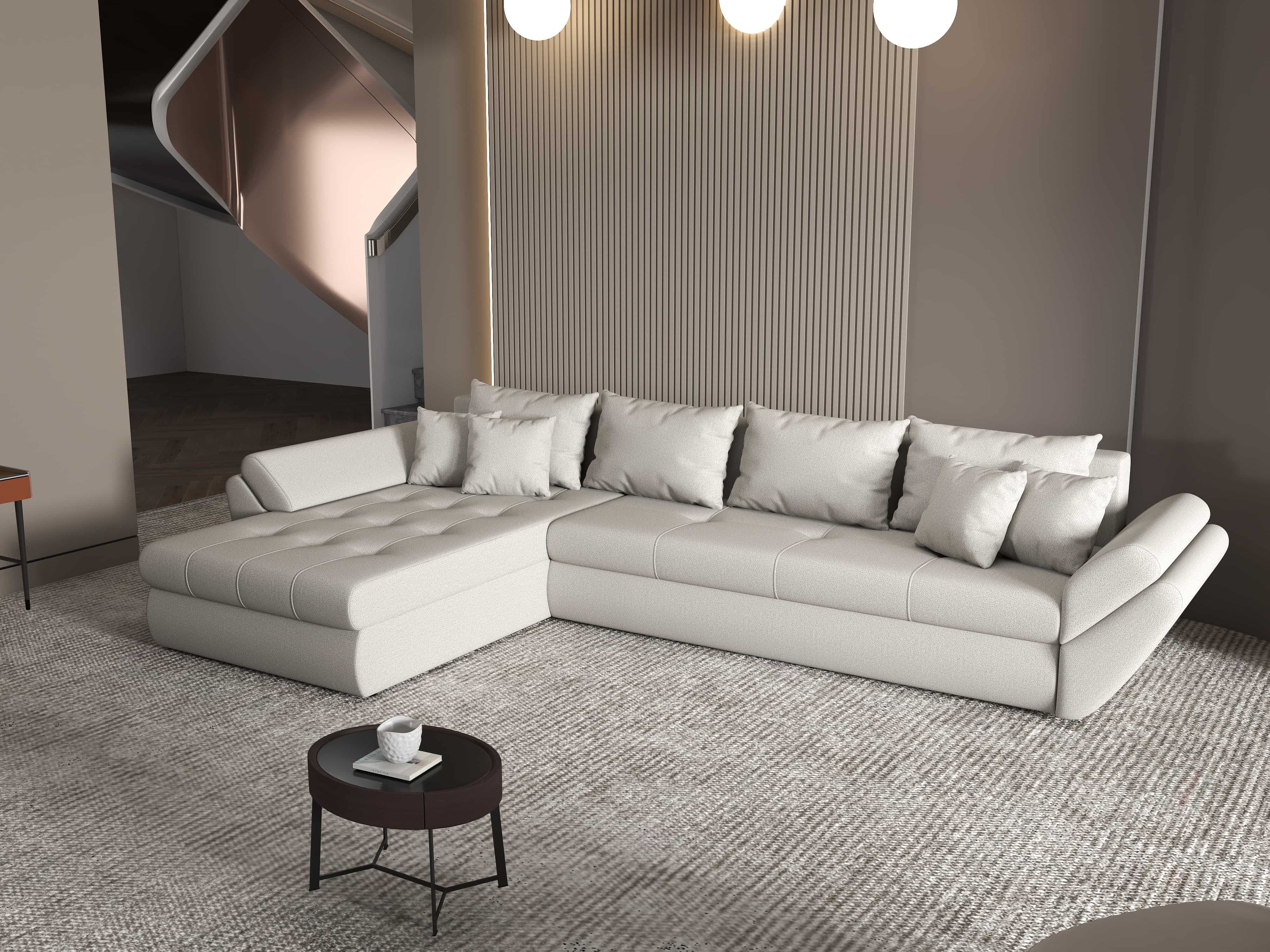 Colțar extensibil dumonde cu ladă de depozitare si sezut confortabil din spuma HR, Loana XL Enjoy Beige 335x185 cm Fabrica