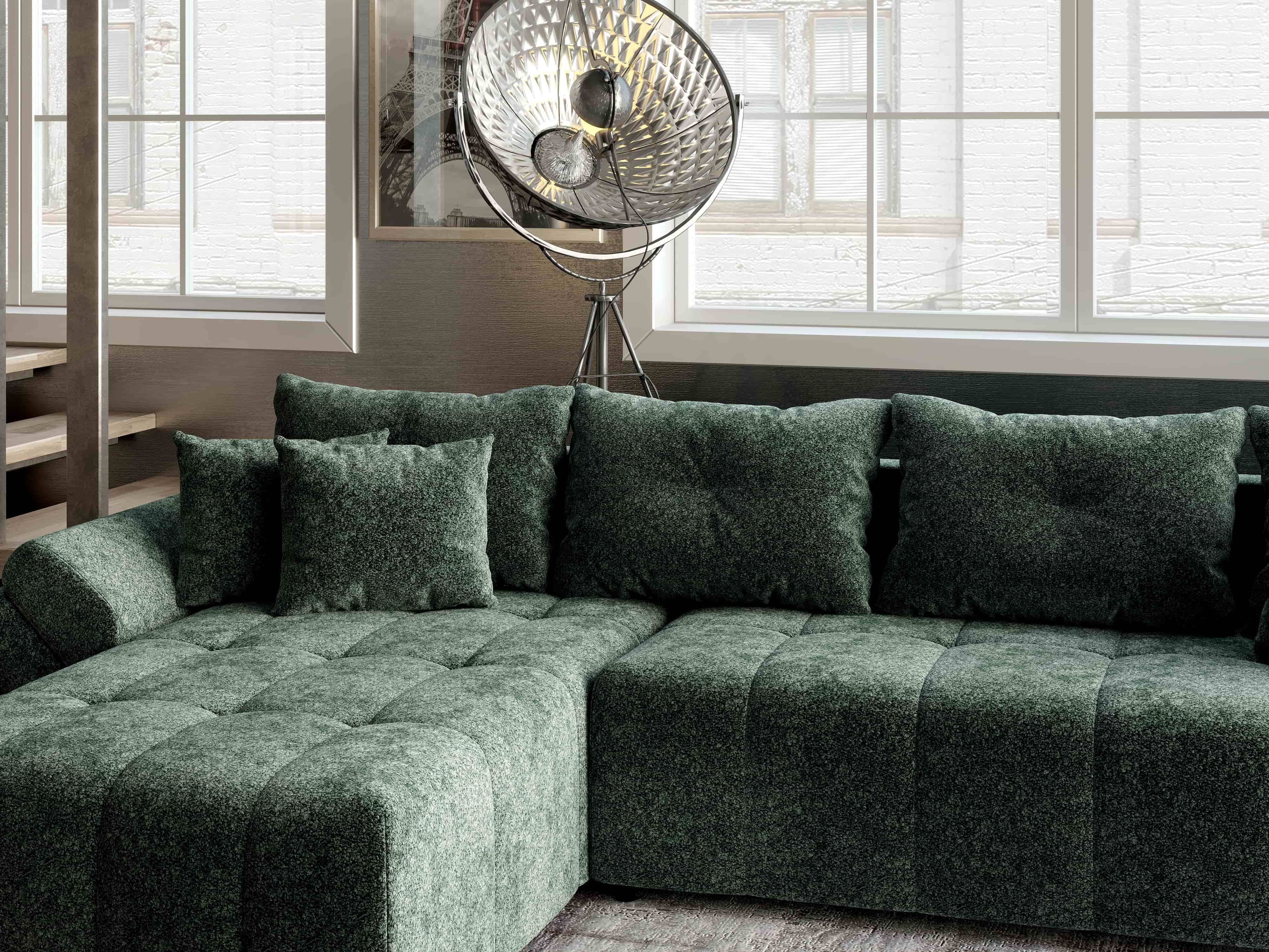 Colțar extensibil dumonde cu ladă de depozitare si sezut confortabil din spuma HR, Berlin XL Euphoria Green 350x185 cm Fabrica