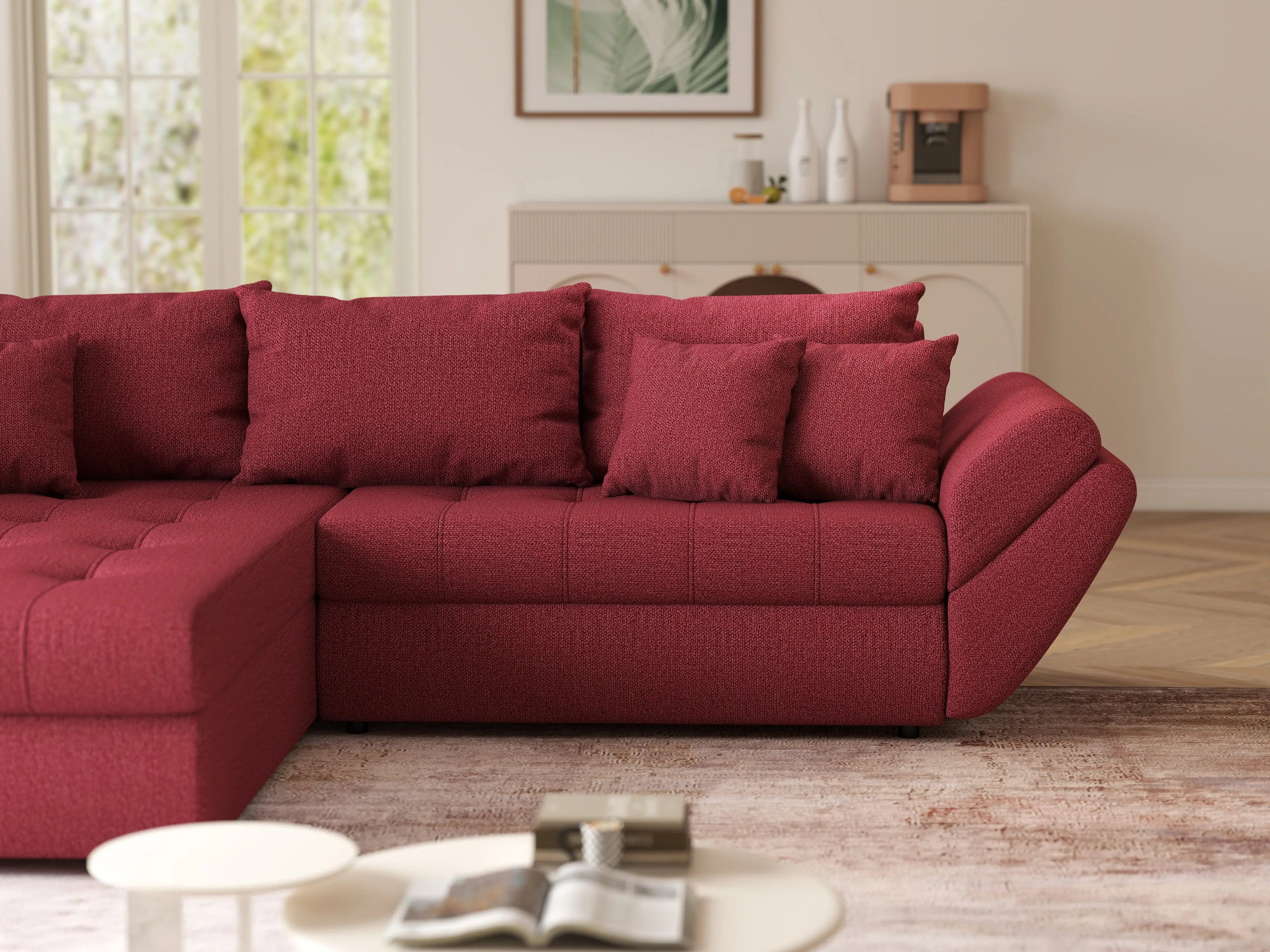 Colțar extensibil dumonde cu ladă de depozitare si sezut confortabil din spuma HR, Loana Bordoux 270x185 cm Fabrica