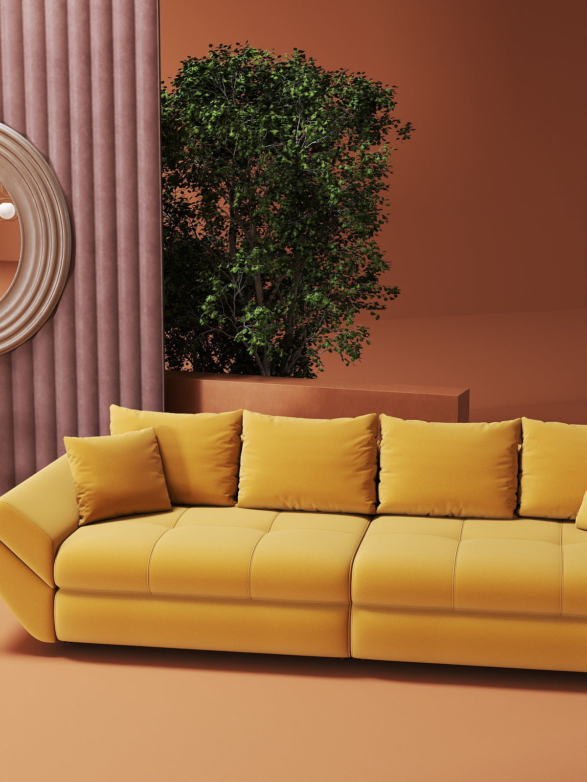 Canapea extensibilă dumonde cu ladă de depozitare si sezut confortabil din spuma HR, Loana Royal Mustar 300x100 cm Fabrica