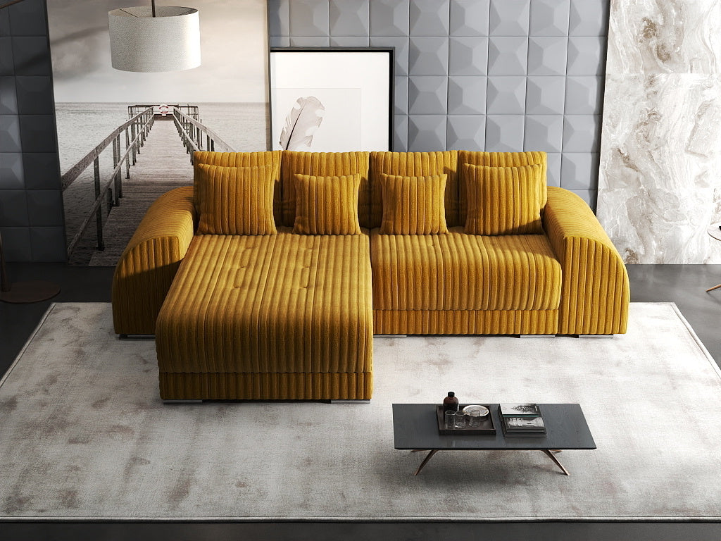 Colțar extensibil dumonde cu ladă de depozitare si sezut confortabil din spuma HR, Verona Ambience Mustar 290x185 cm Fabrica