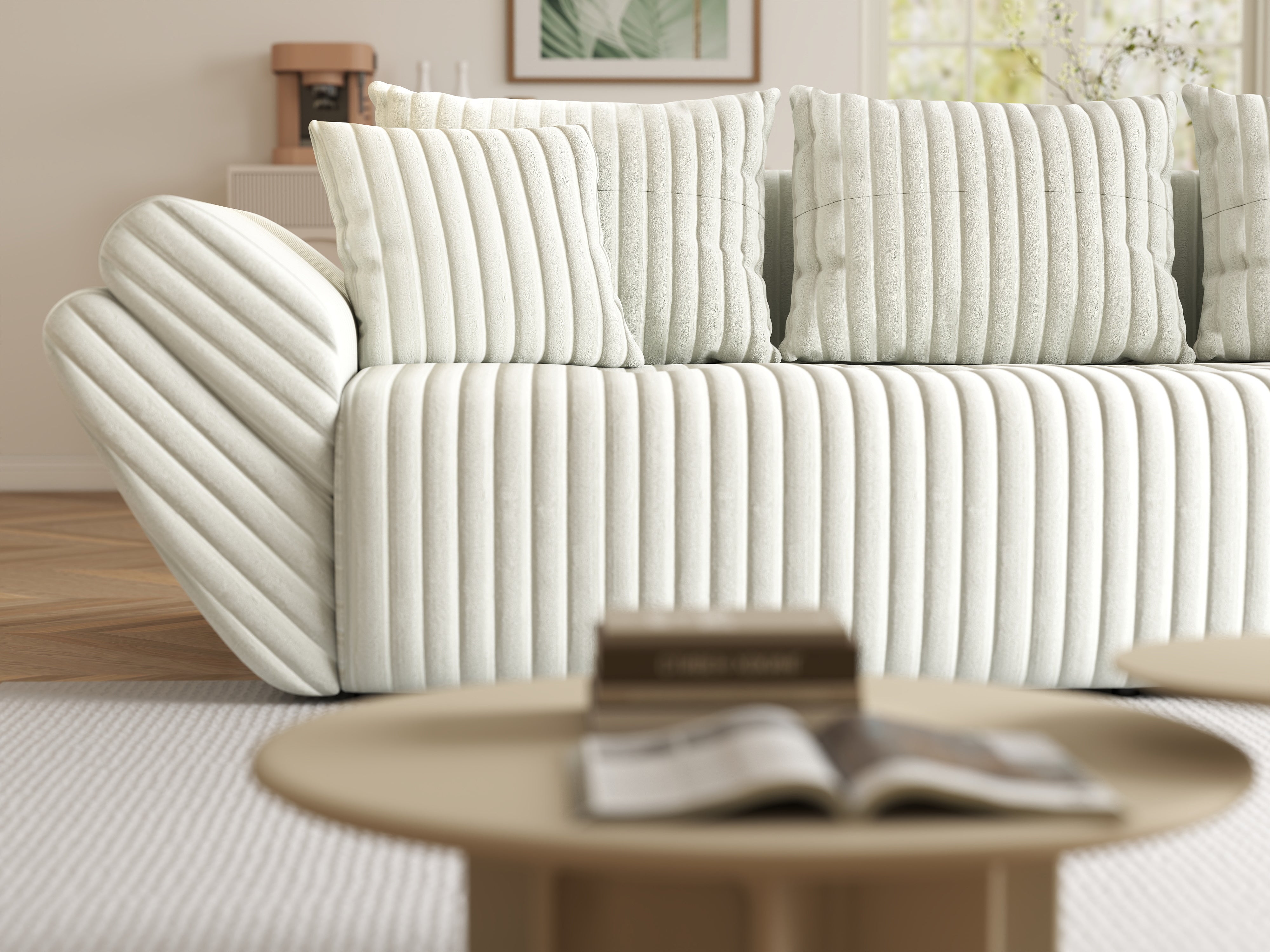 Canapea extensibilă dumonde cu ladă de depozitare si sezut confortabil din spuma HR, Berlin Ambience Ivory 250x100 cm Fabrica